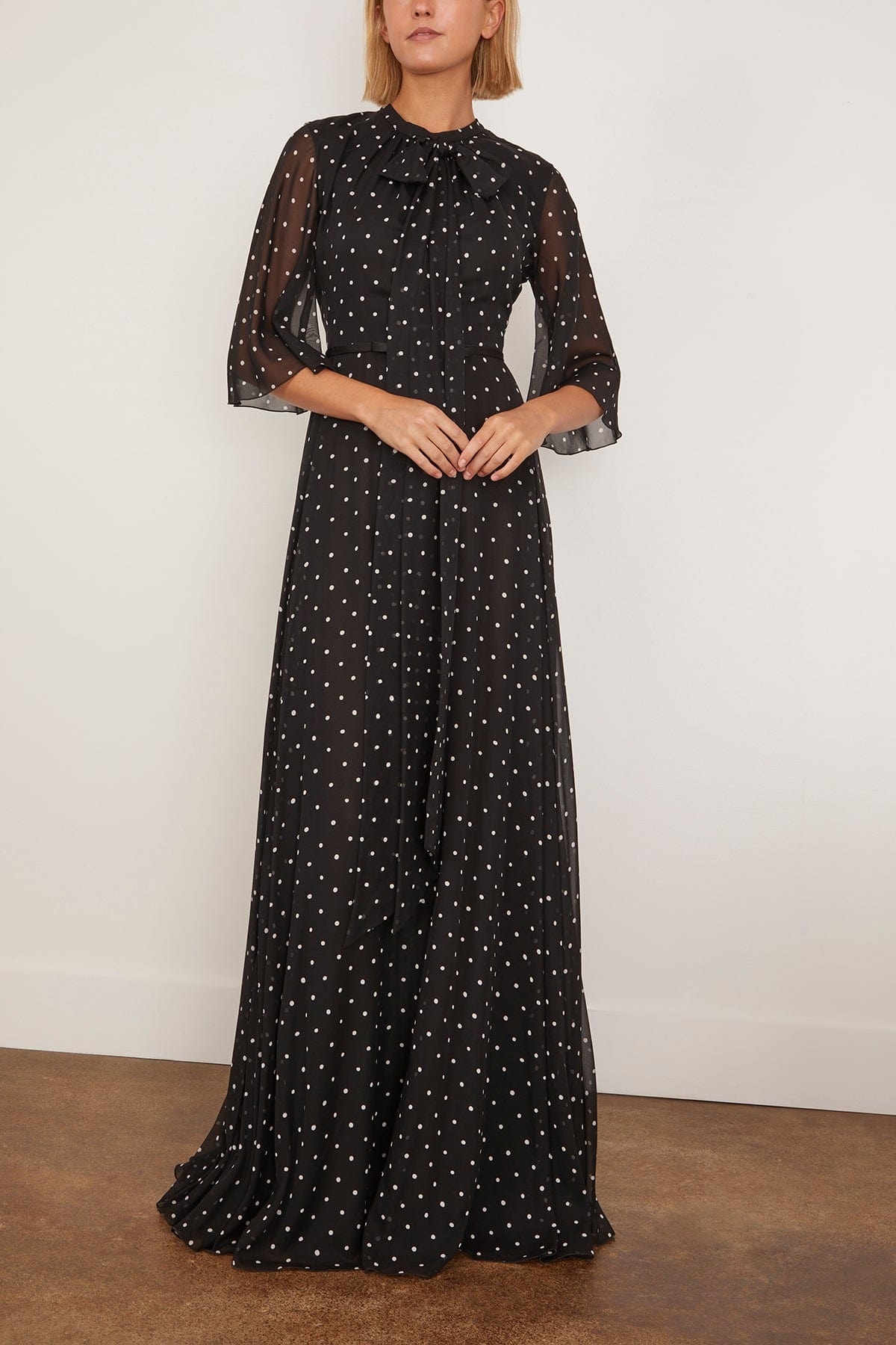 Long Silk White Polka Dots Dress in Black - 3