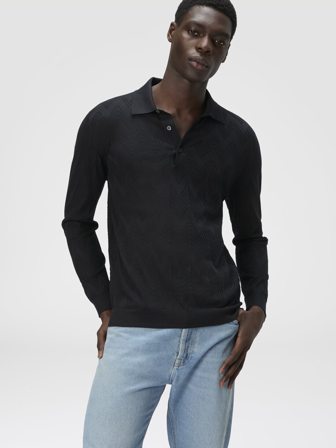 Long-sleeved polo shirt in 3D chevron cotton and silk - 4