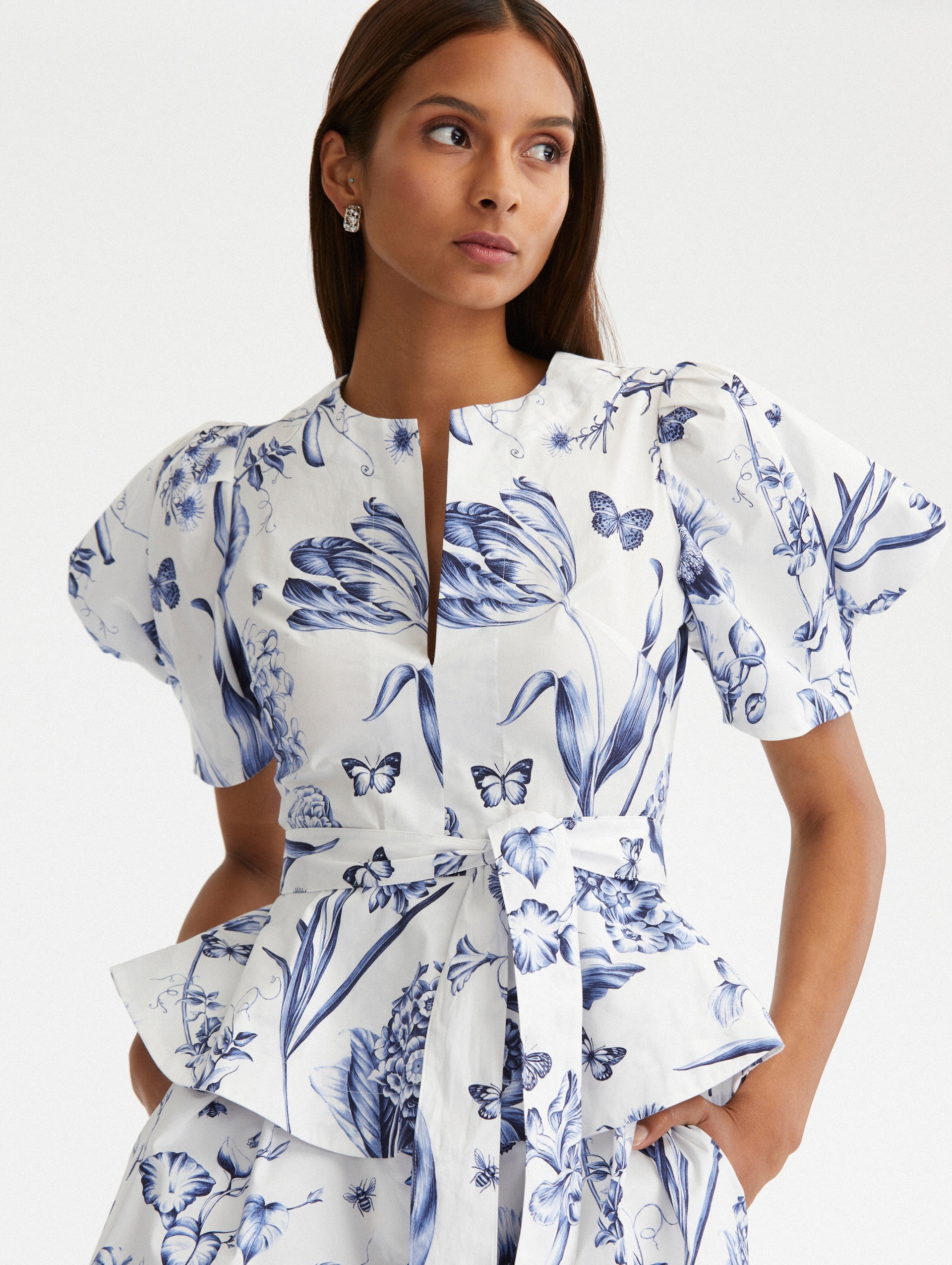 FLORAL TOILE POPLIN PEPLUM BLOUSE - 5