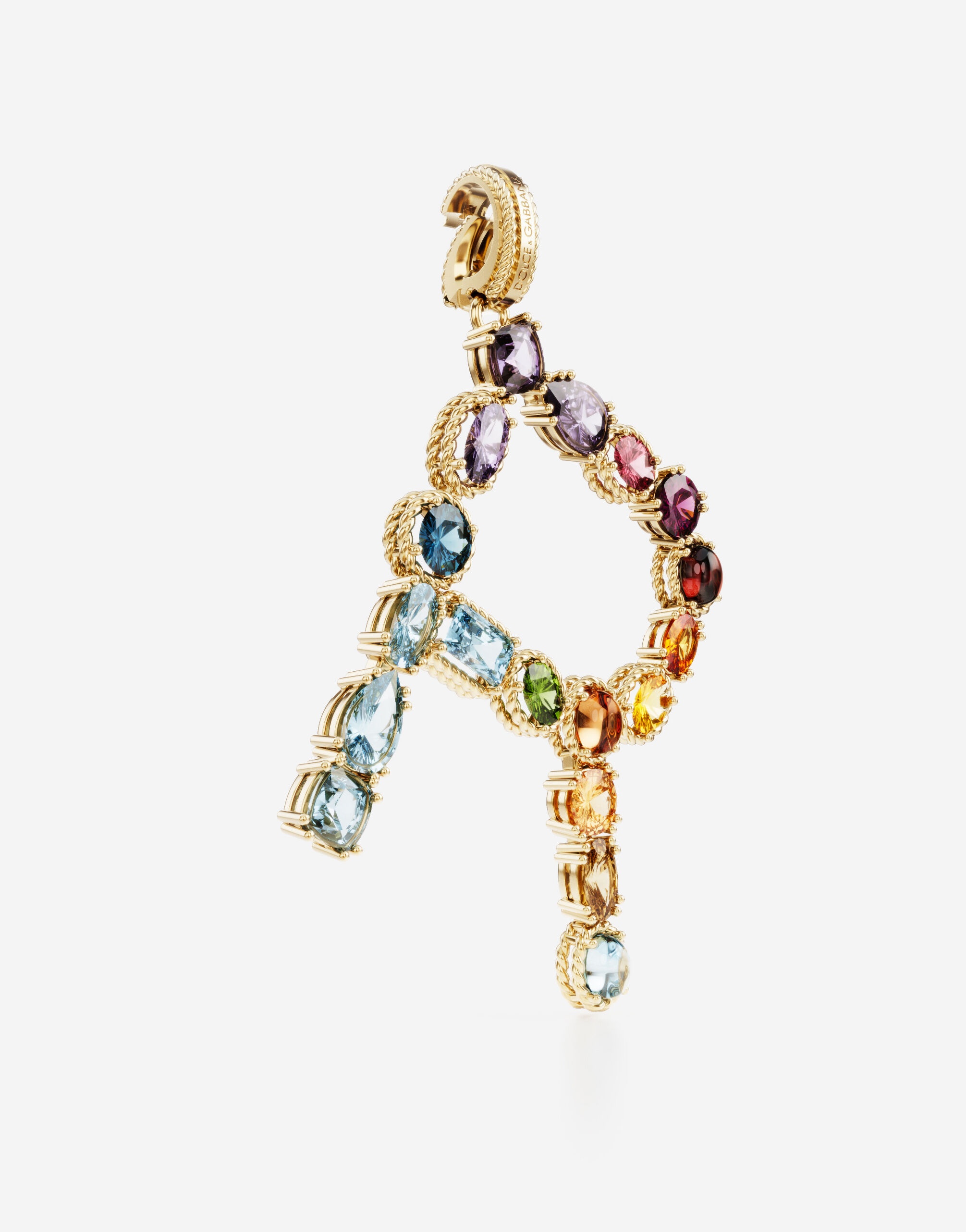 Rainbow alphabet R 18 kt yellow gold charm with multicolor fine gems - 2