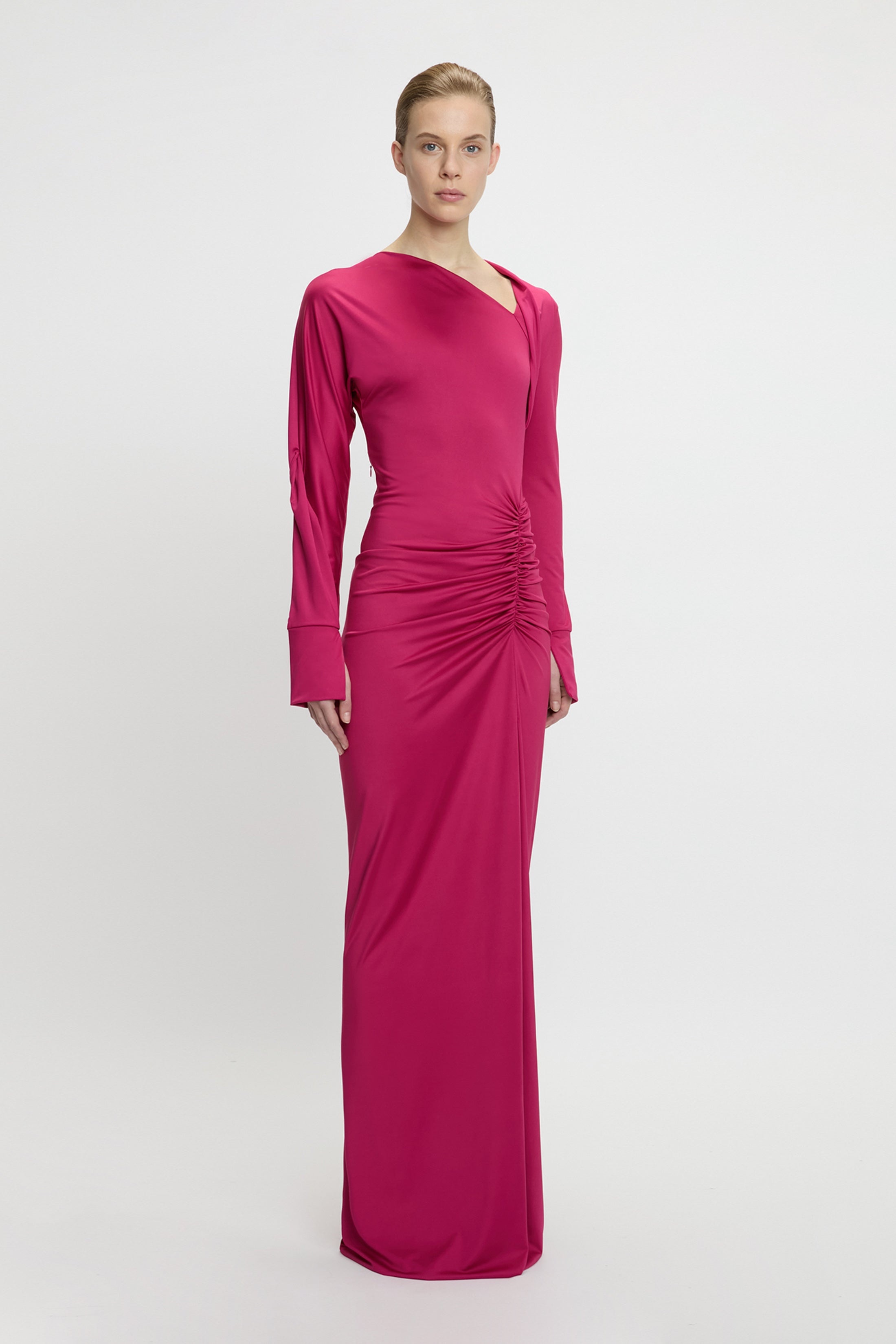 Long Sleeve Slash-Neck Gown In Cherry - 3