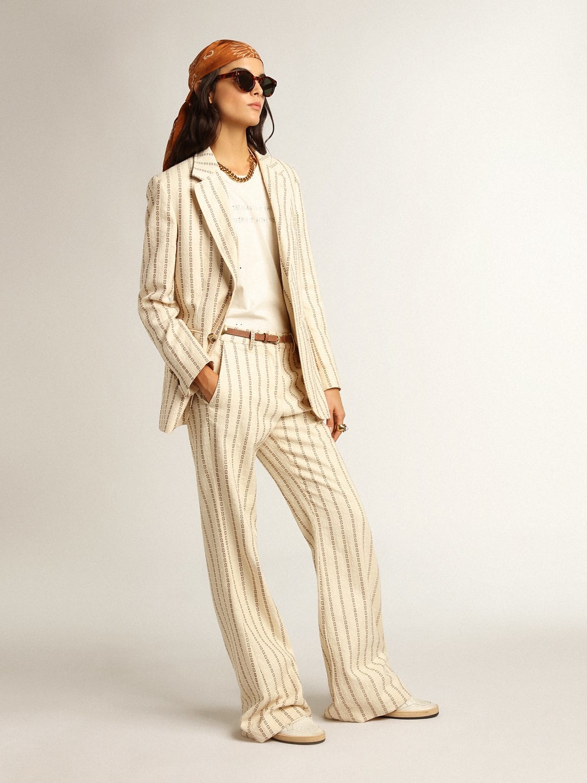 Cream-colored cotton pants with jacquard motif - 3