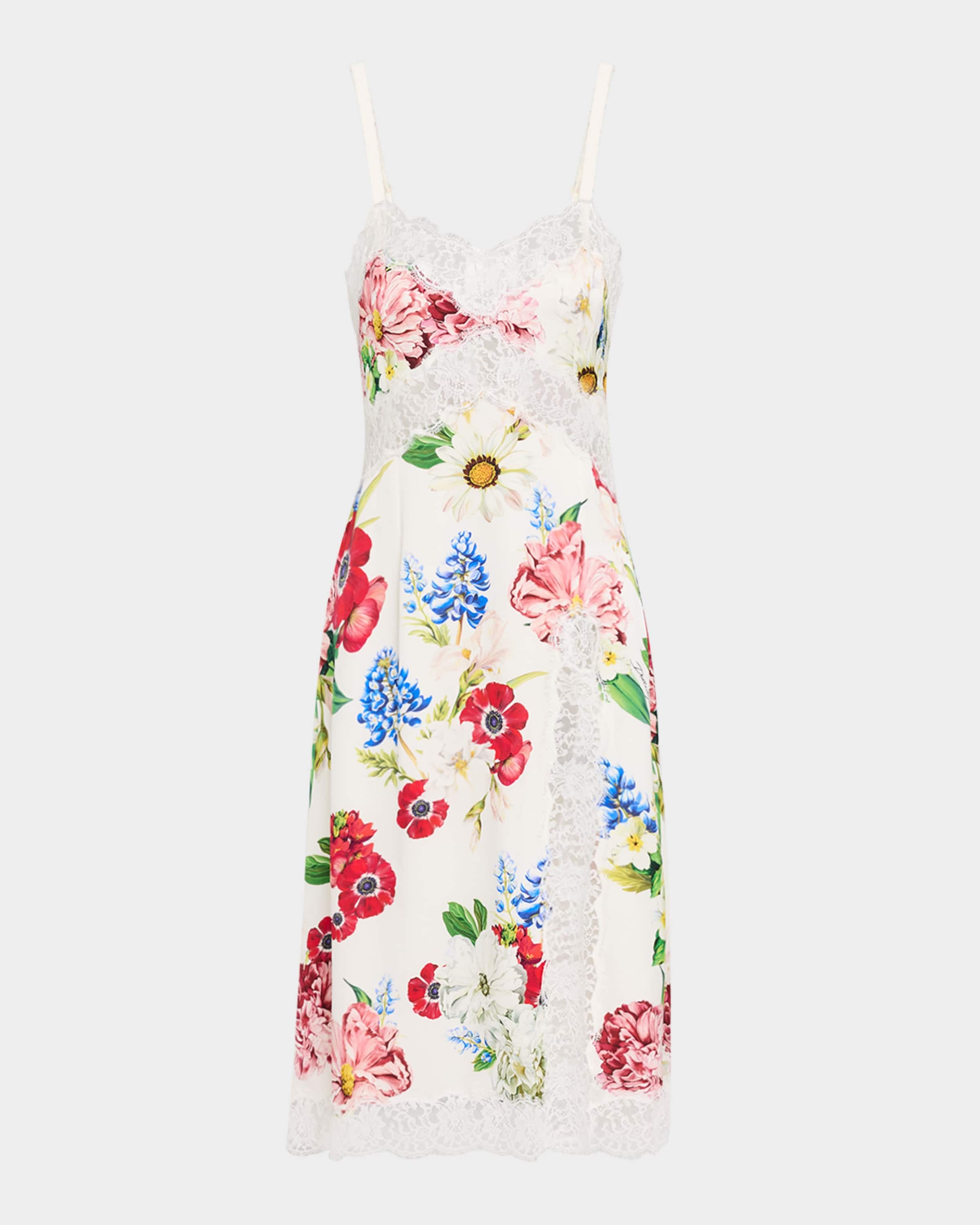 Dolce & Gabbana Floral Lace-Trim Slit Midi Slip Dress