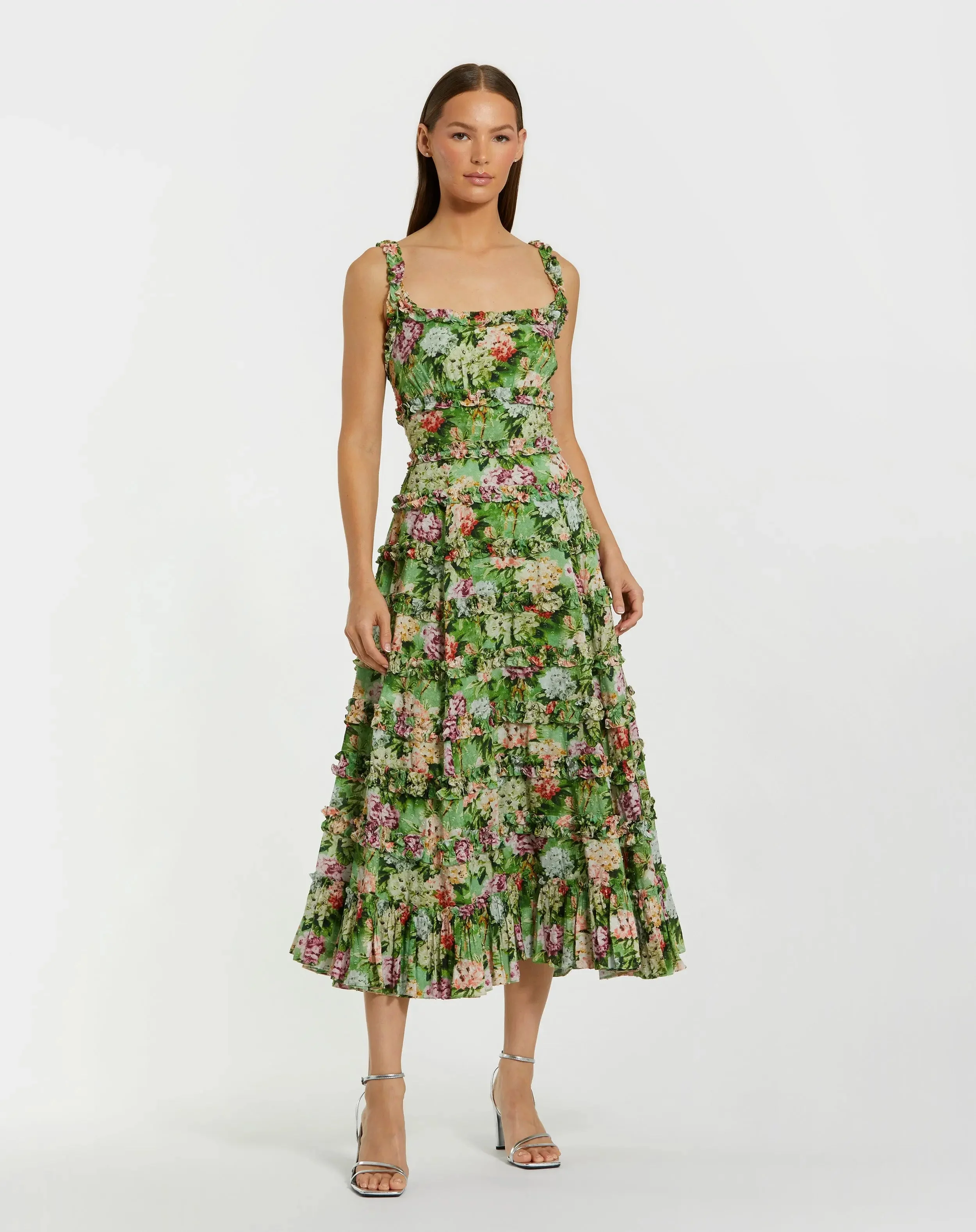 Green Ruffle Floral Square Neck Midi Dress - 1