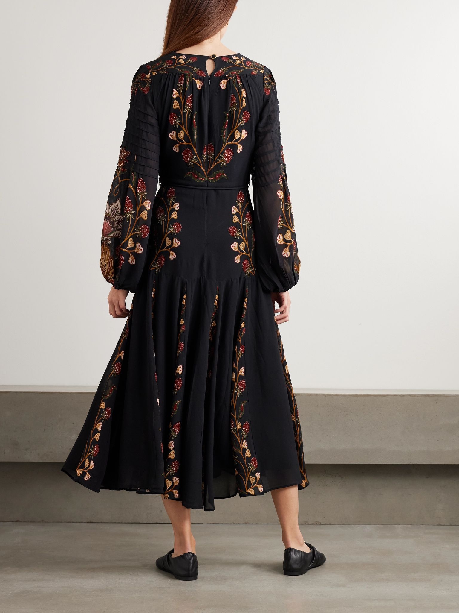 Berry Garden belted floral-print crepe de chine midi dress Black - 3