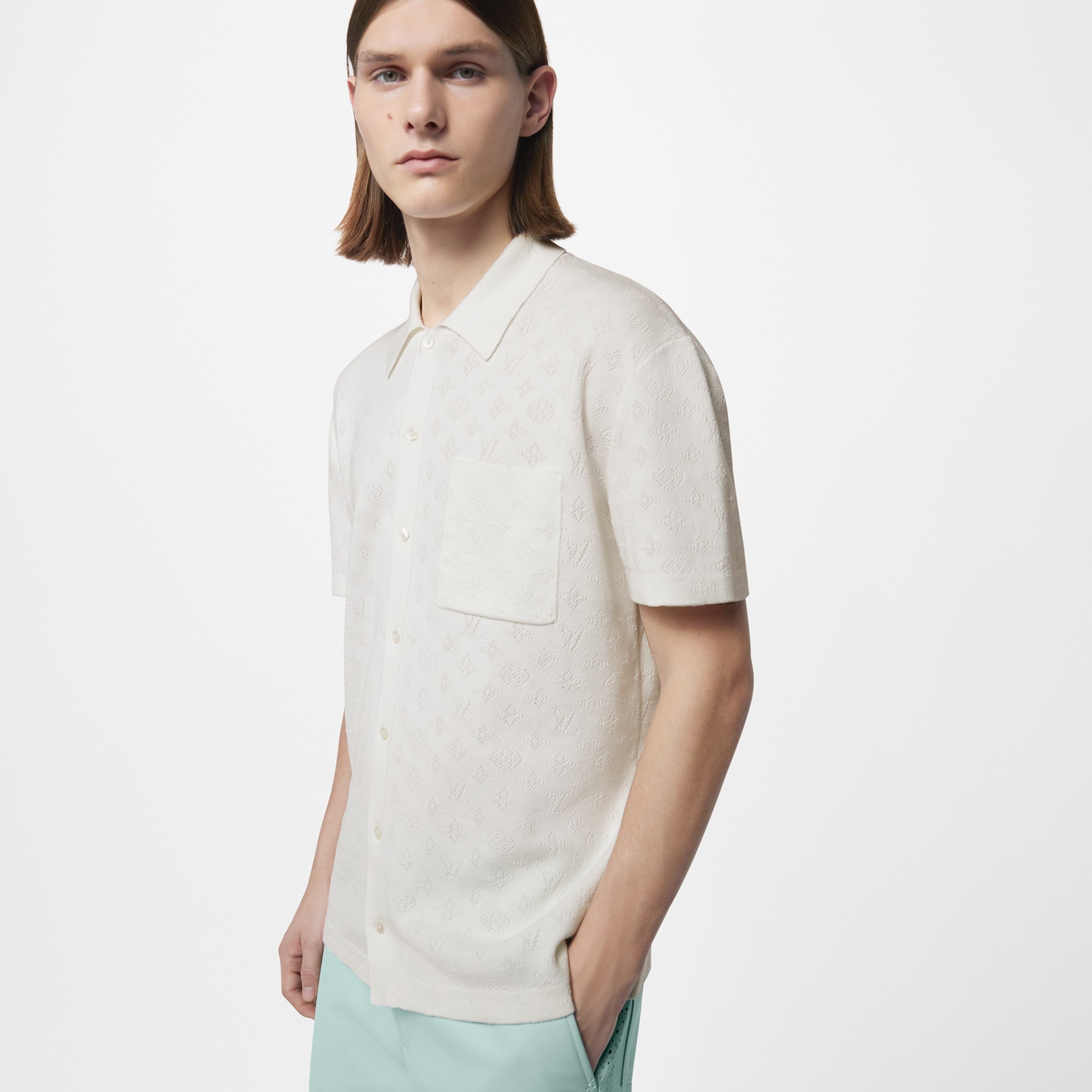 Monogram Pointelle Cotton Short-Sleeved Shirt - 5