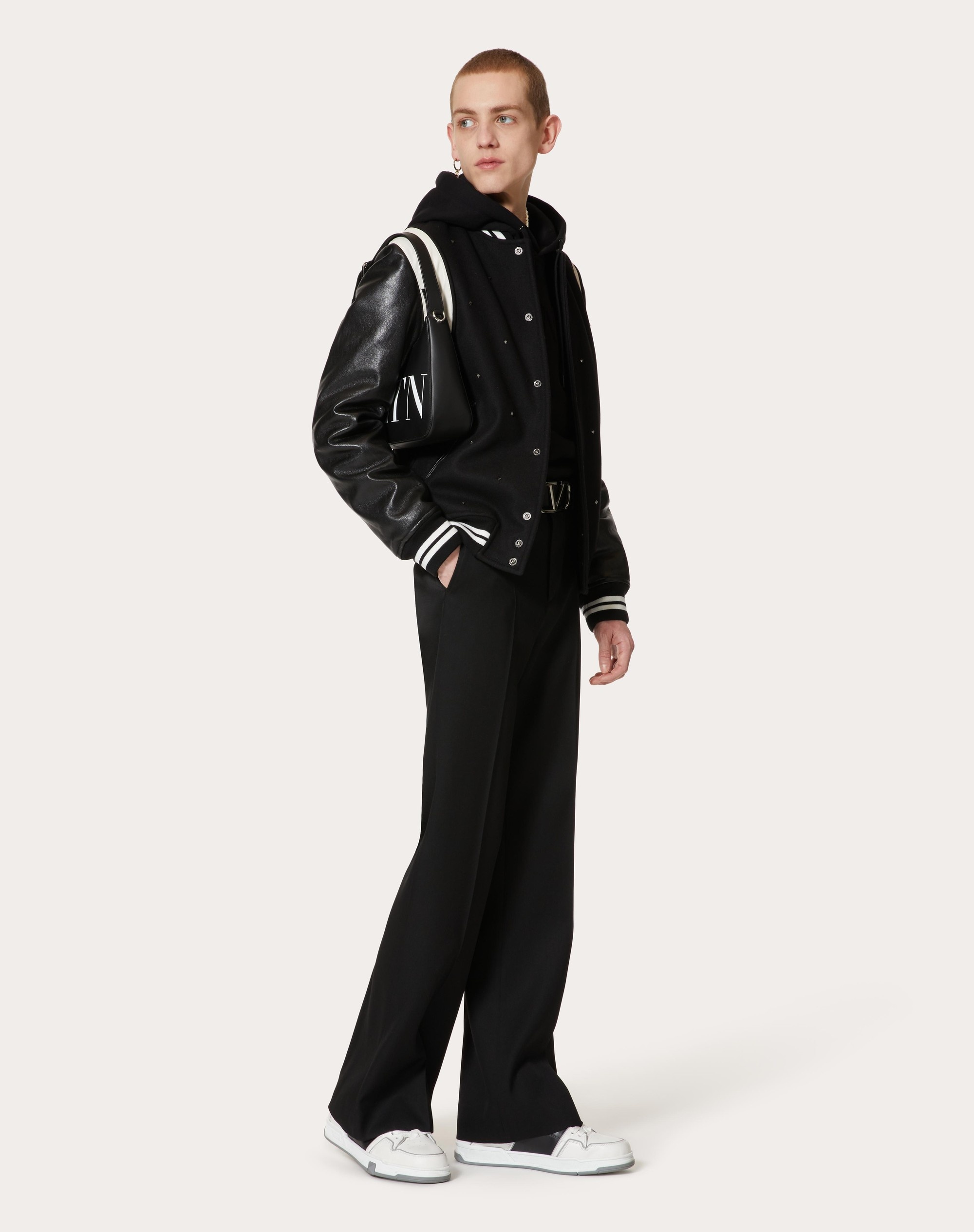 ALL-OVER ROCKSTUD SPIKE WOOL CLOTH AND LEATHER BOMBER JACKET - 2