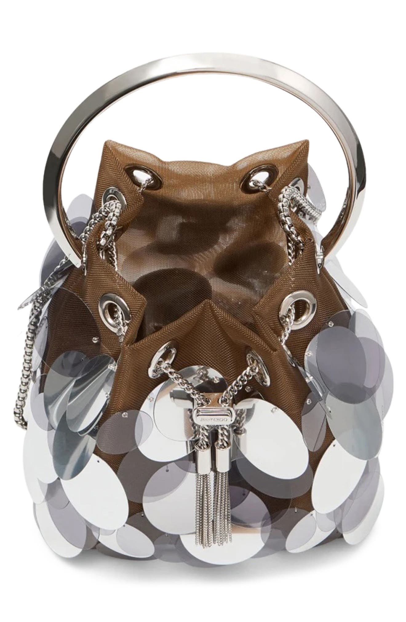 Jimmy Choo Bon Bon Paillette Drawstring Top Handle Pouch in Biscuit/Silver at Nordstrom - 4