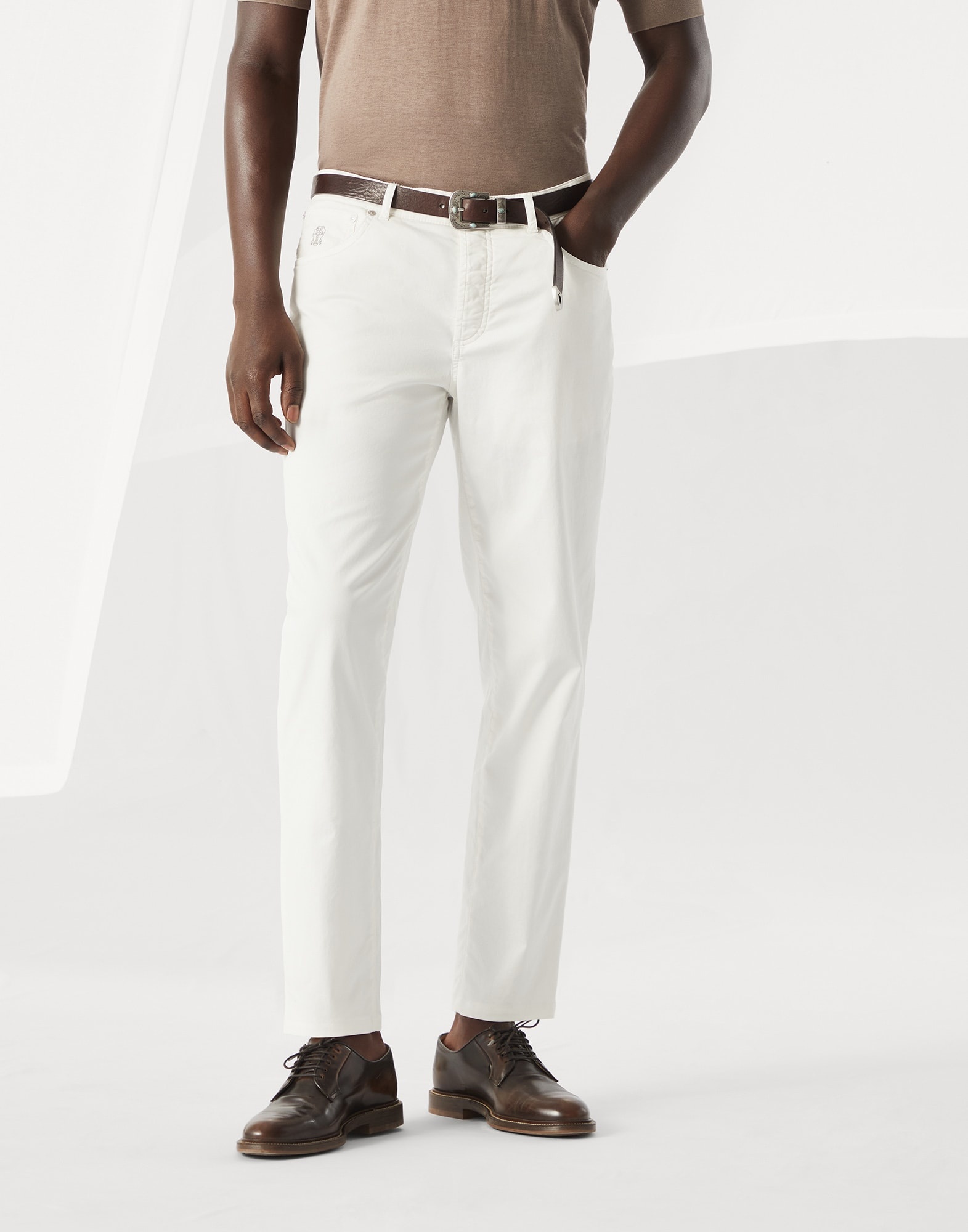 Garment-dyed Italian-fit five-pocket trousers in American Pima comfort cotton gabardine - 1