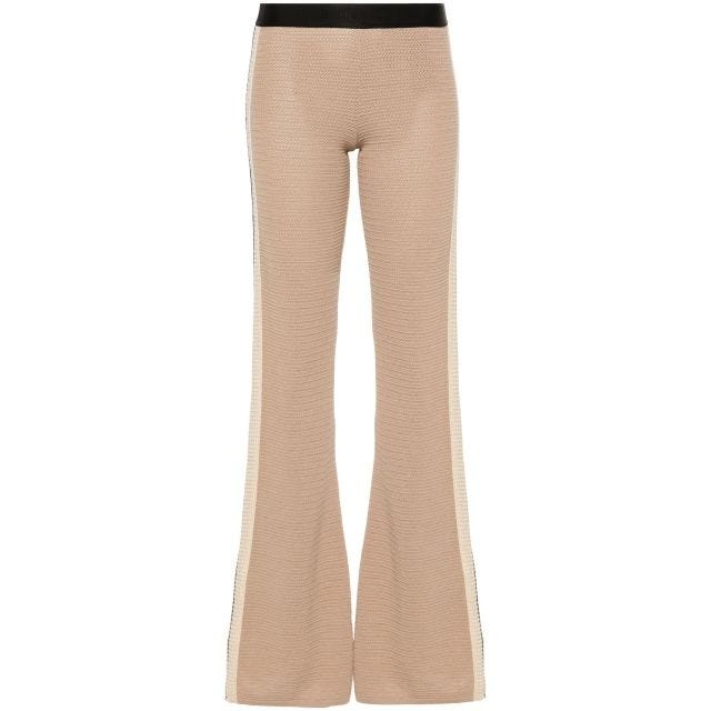 Beige logo-tape knitted flared trousers - 1