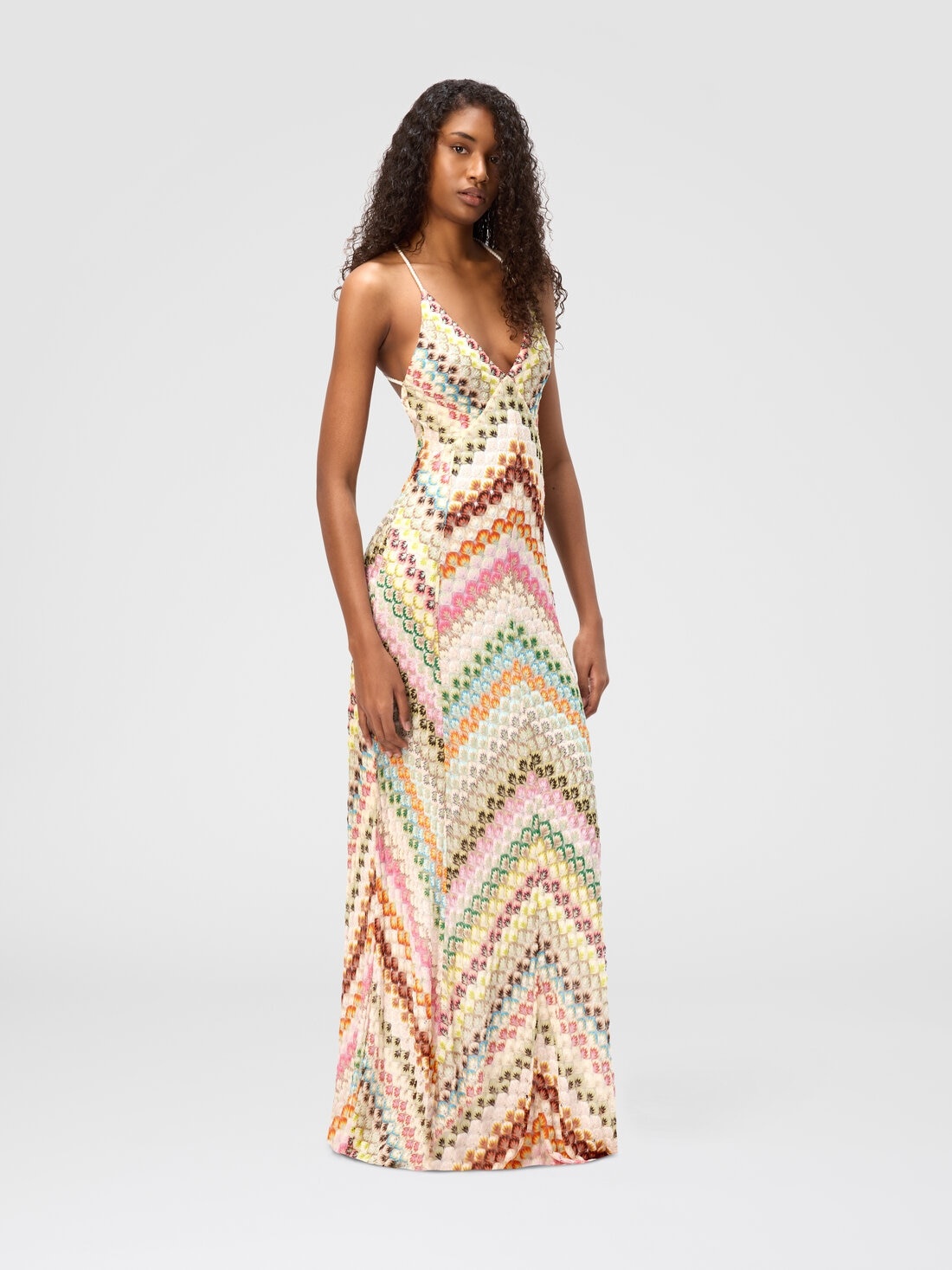 Long viscose dress with V-neck lace and zig zag pattern - 2