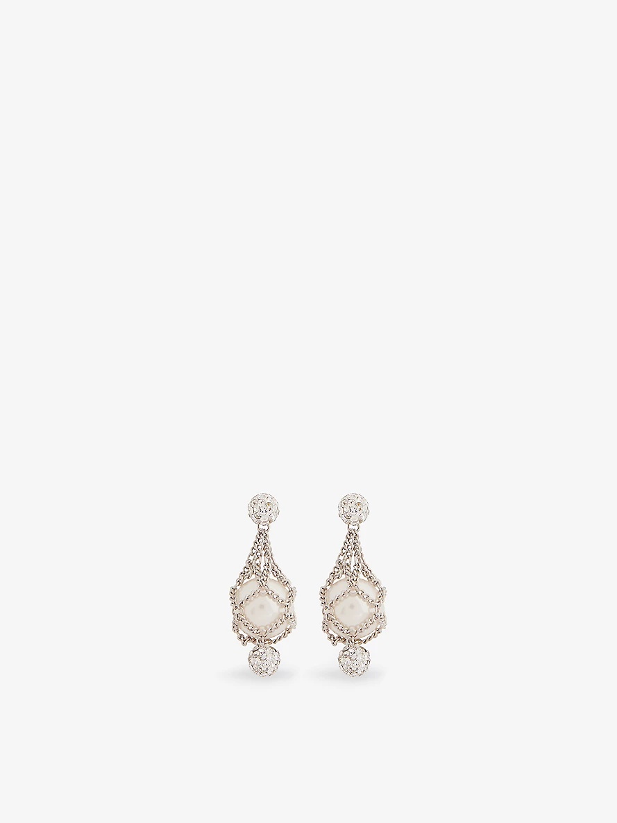 Pearling silver-tone brass crystal and faux-pearl earrings - 1