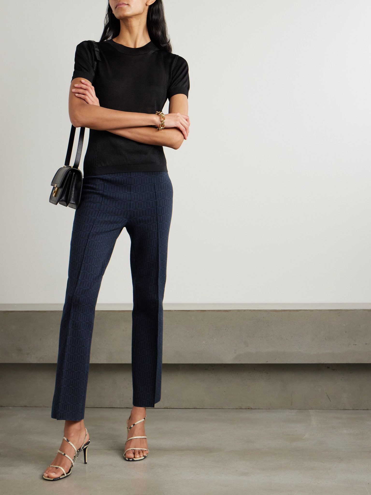 Charlie cotton-blend jacquard slim-leg pants Navy - 2