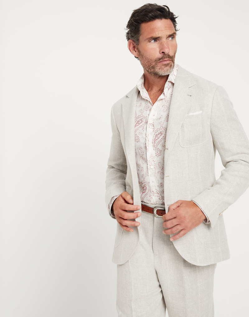 Linen, silk, wool and cotton textured chalk stripe deconstructed blazer with patch pockets 4