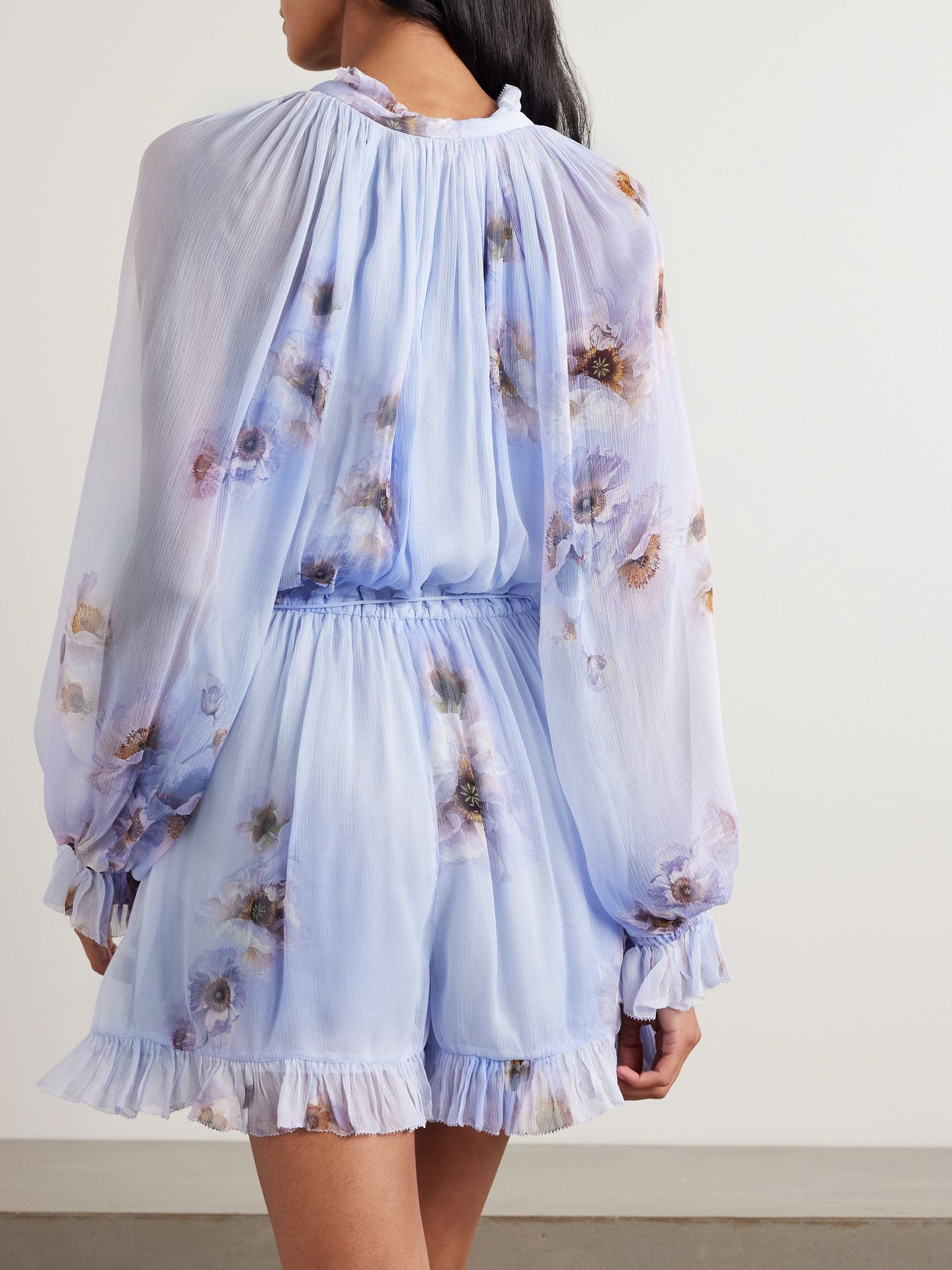 Belted ruffled floral-print crepe playsuit Lilac - 3