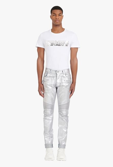 Embossed silvery cotton slim jeans with Balmain-monogrammed hem - 3