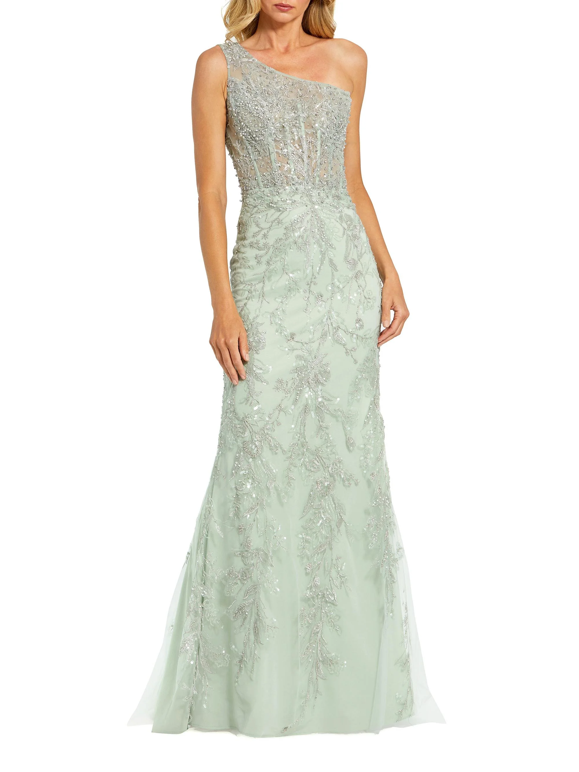 Women's Embellished One-Shoulder Gown - Sage - 1