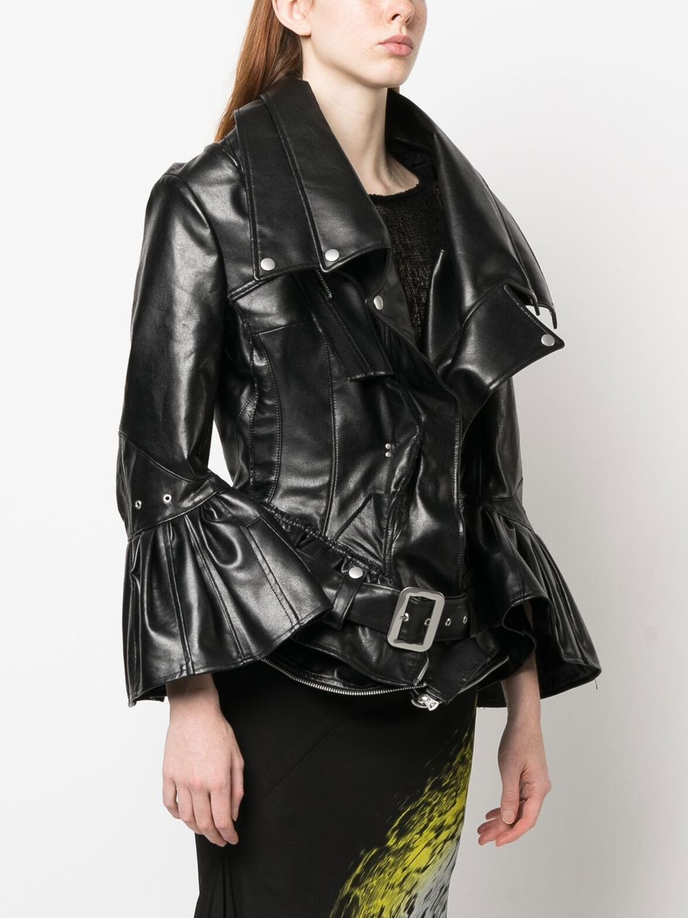 faux-leather flared fitted coat - 3