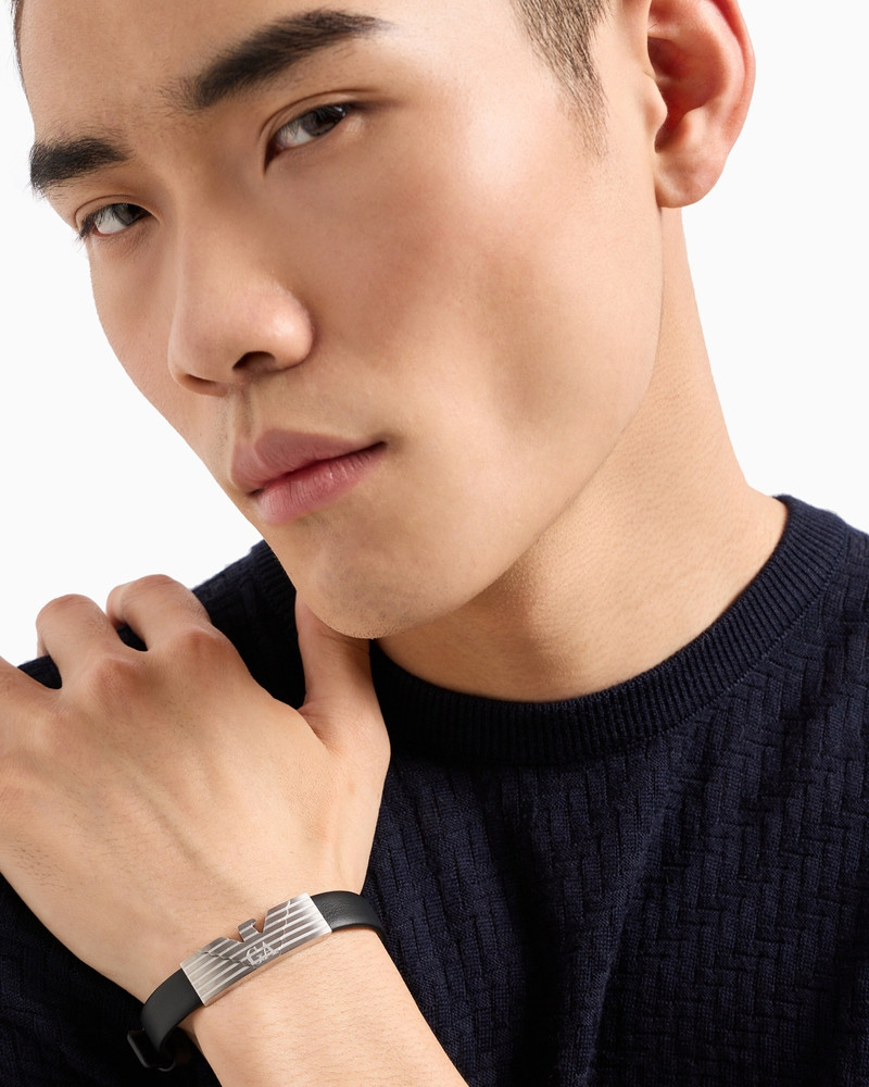 EMPORIO ARMANI STAINLESS STEEL AND BLACK LEATHER STRAP ID BRACELET outlook