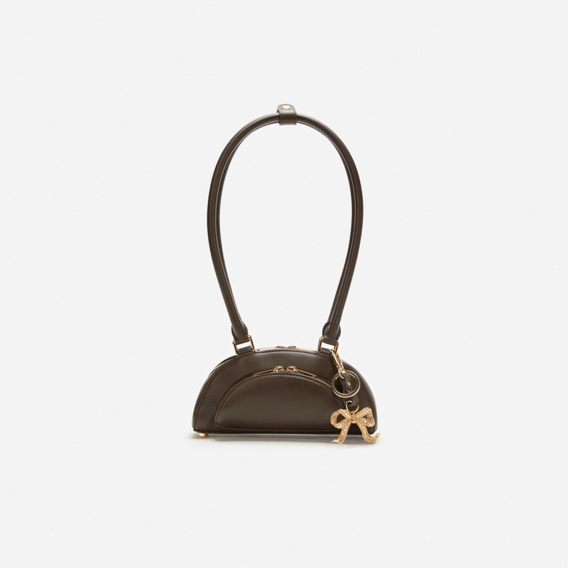 Brown Leather Mini Shoulder Bag With Charm - 1