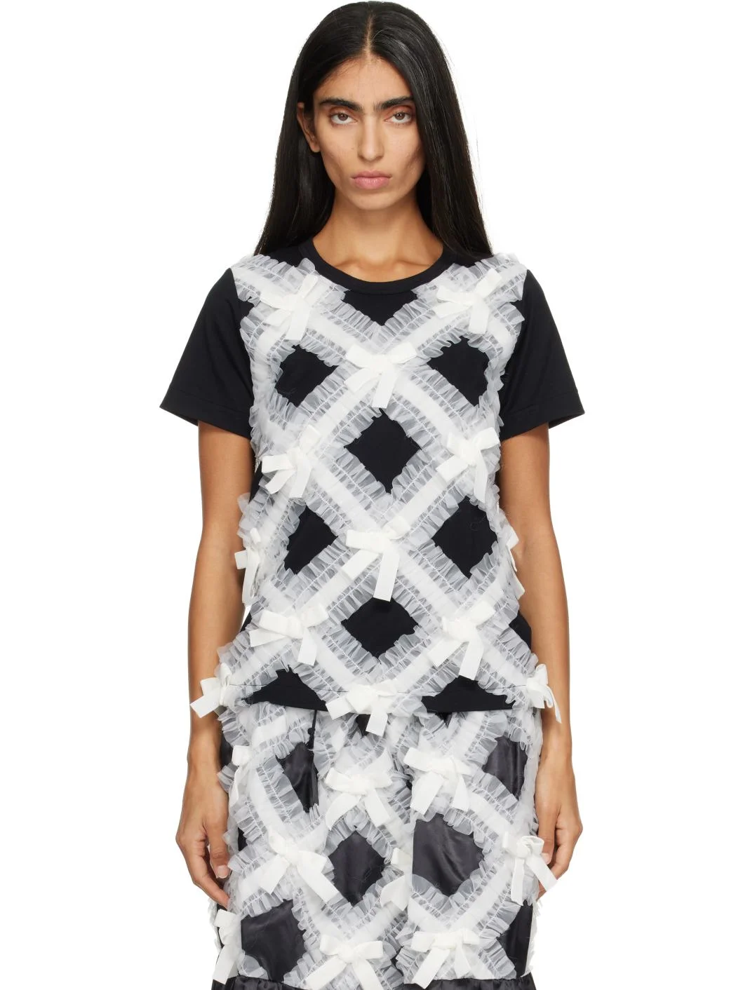 Black & White Gather Tape Decoration T-shirt - 1
