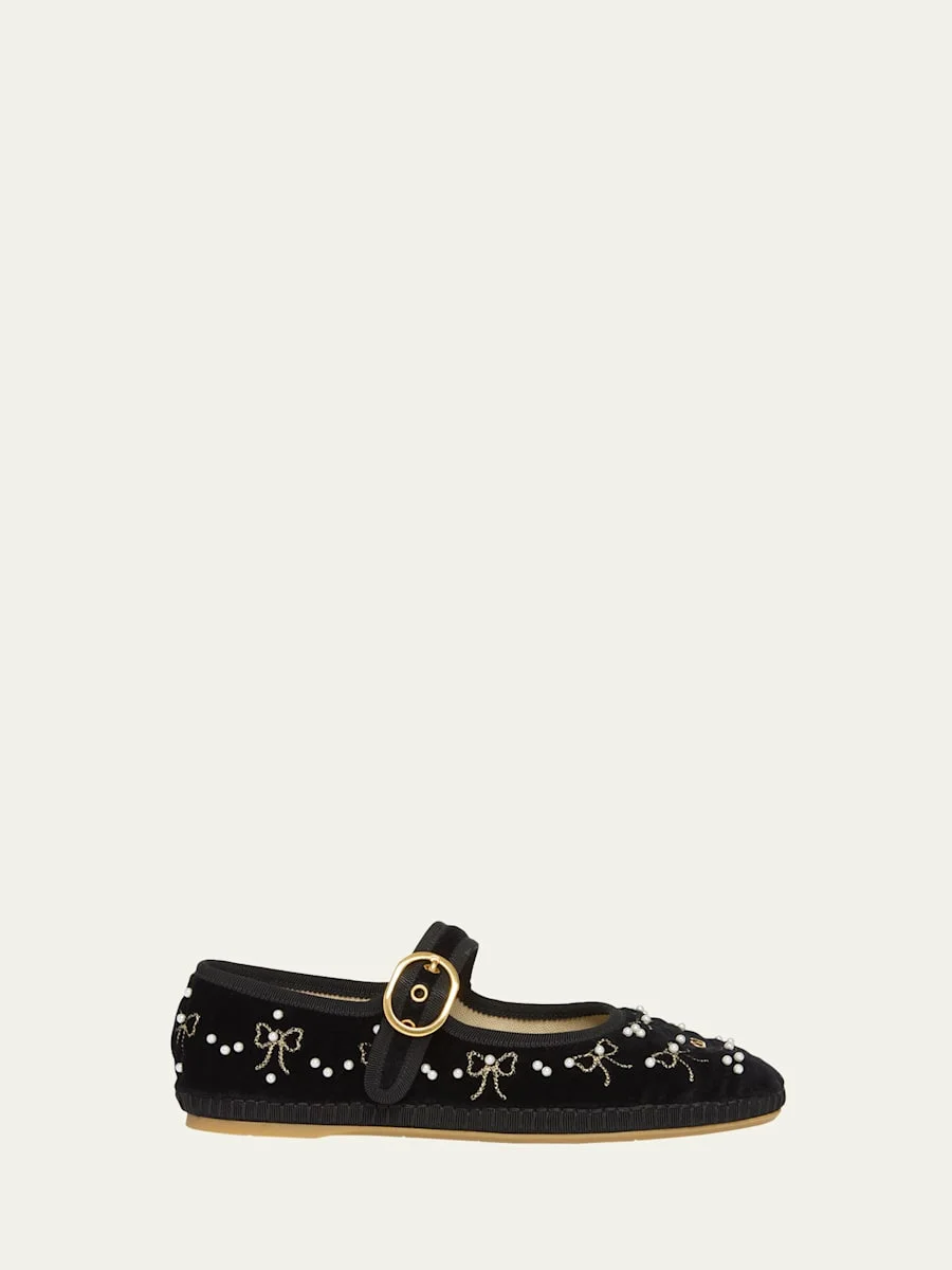 Endouce Bow Velvet Mary Jane Ballerina Flats - 1