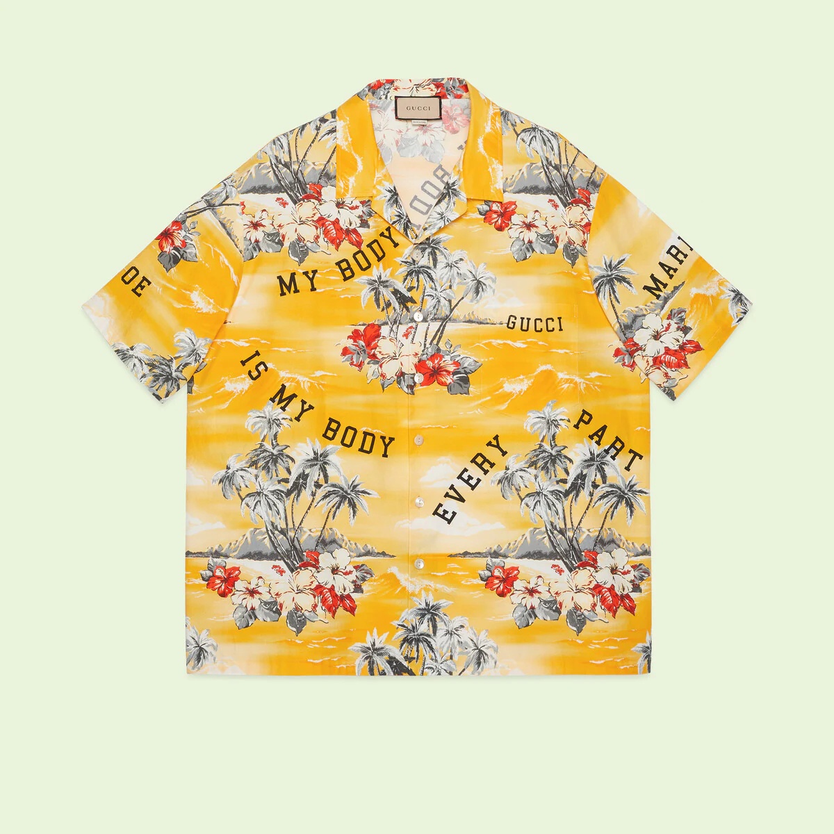 Gucci Printed Cotton Poplin Bowling Shirt Yellow/Red