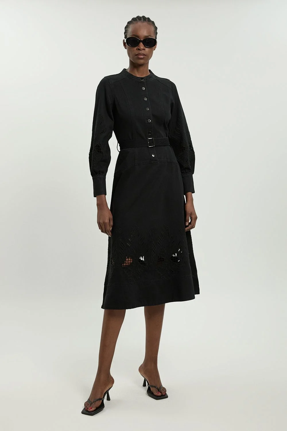 Denim Cut Out Long Sleeve Midi Dress - 1