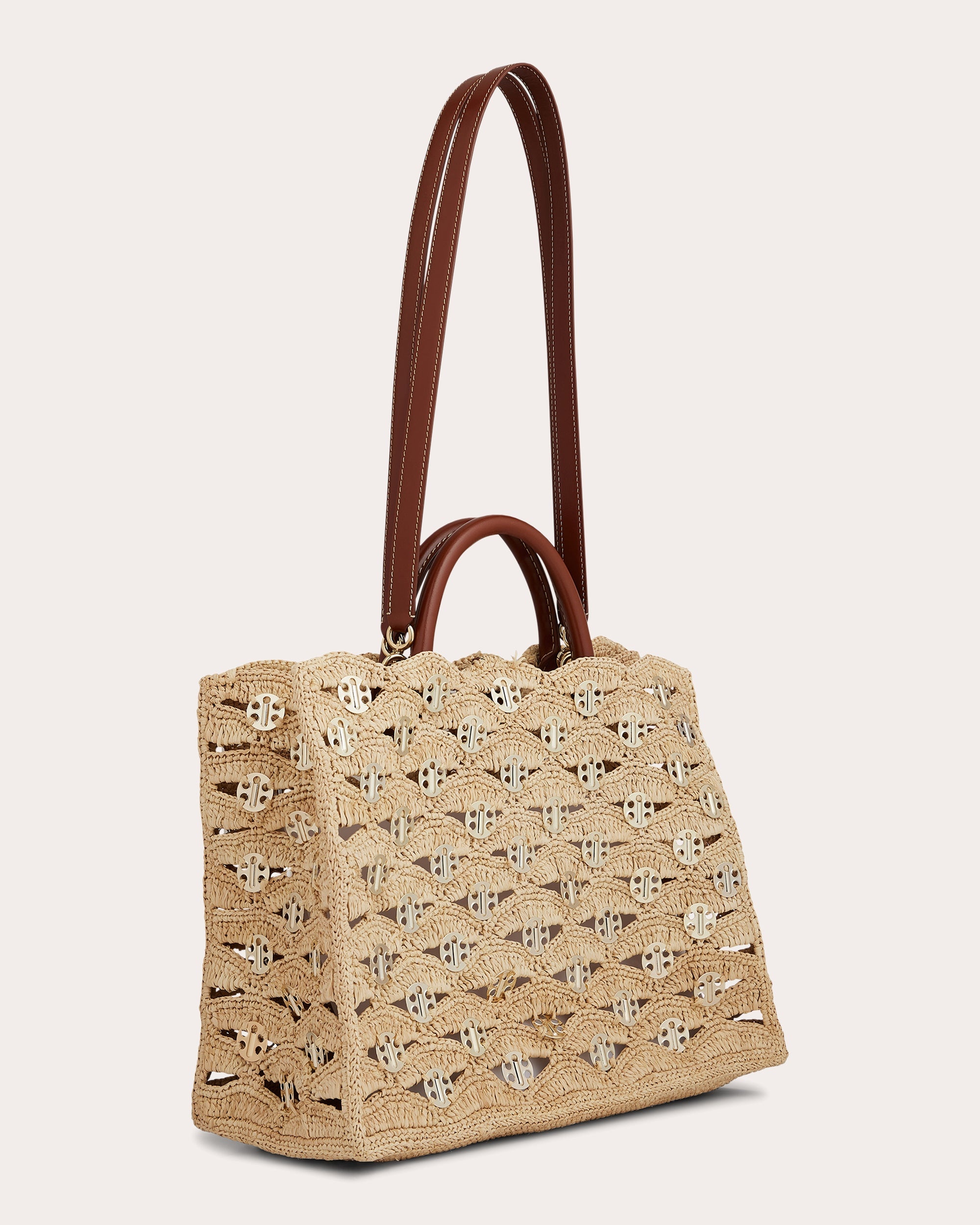 1969 Leather Trimmed Chainmail Embellished Raffia Tote - 3
