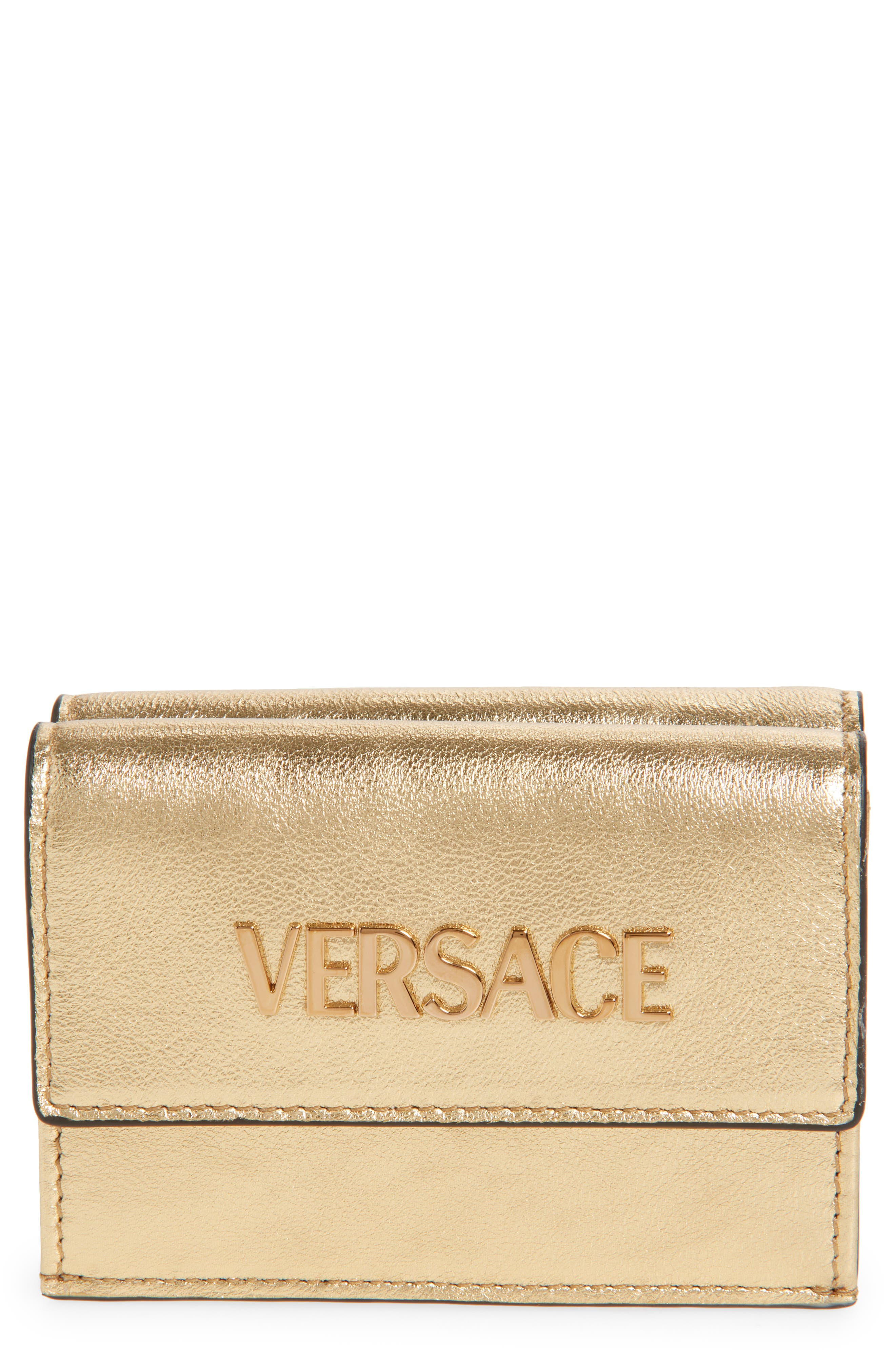 Versace Logo Metallic Leather Trifold Wallet in Mekong Gold Versace at Nordstrom - 1