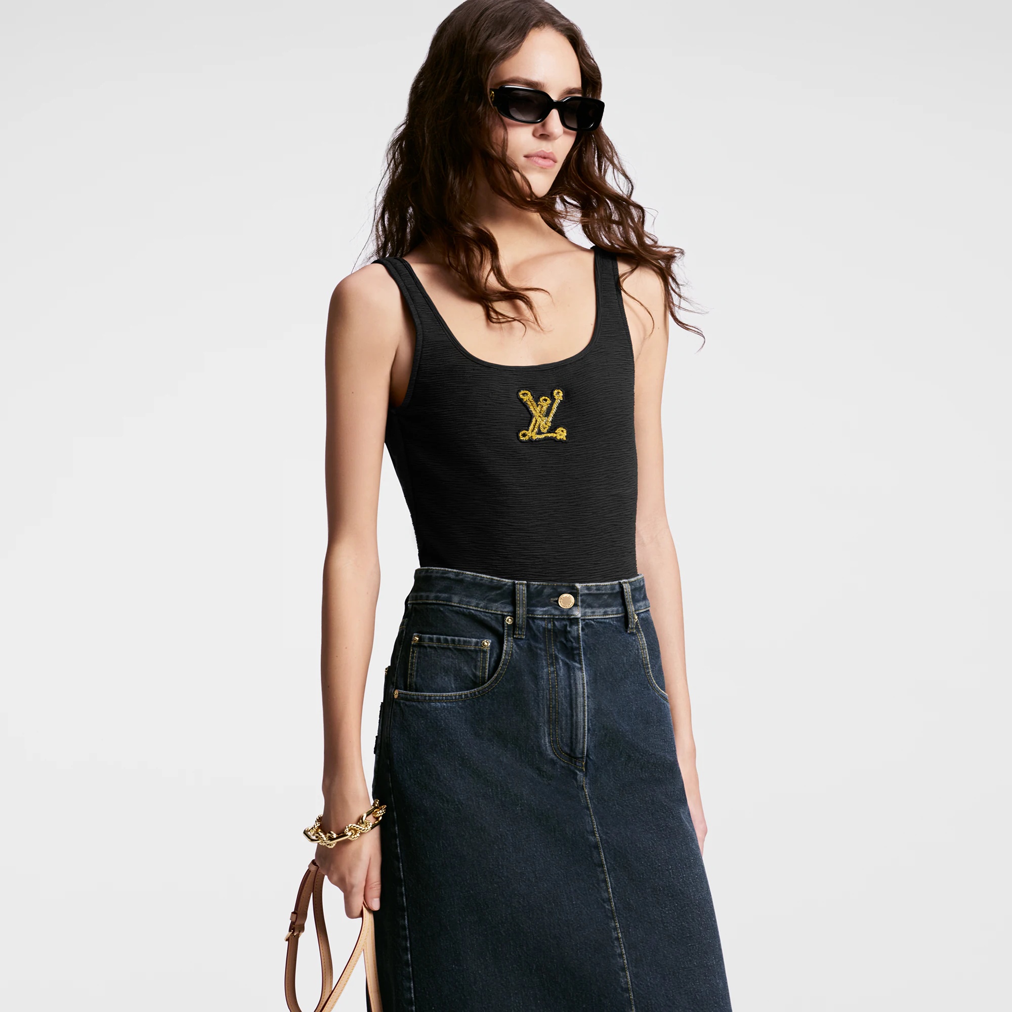 Nautical LV Patch Denim Midi Skirt - 5
