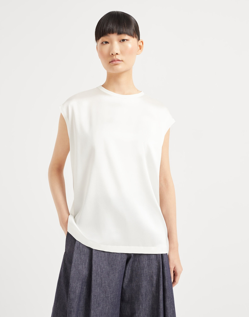 Stretch silk satin T-shirt with monili - 1