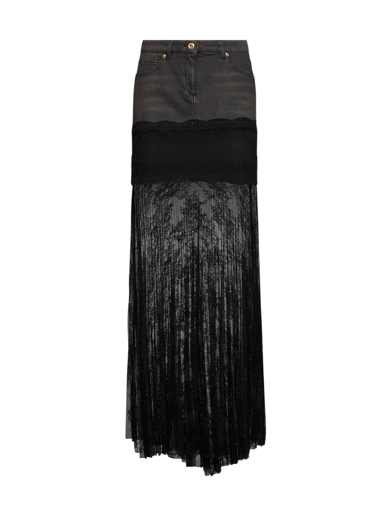Grey denim and see-through lace long skirt - 1