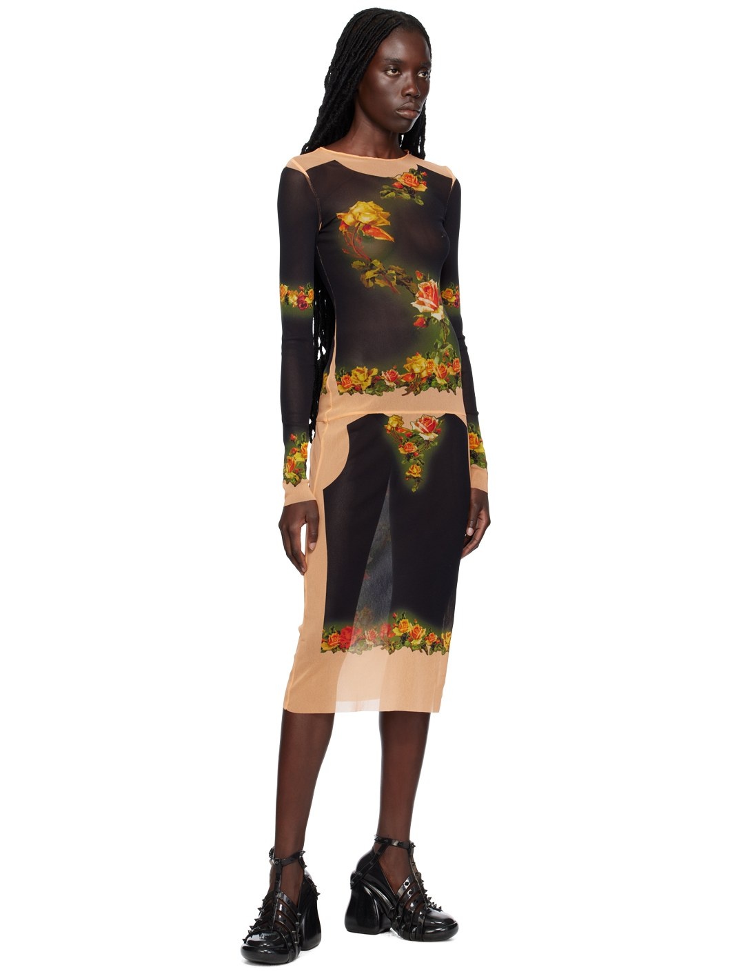 Black & Orange 'The Fleurs Petit Grand' Midi Dress - 4