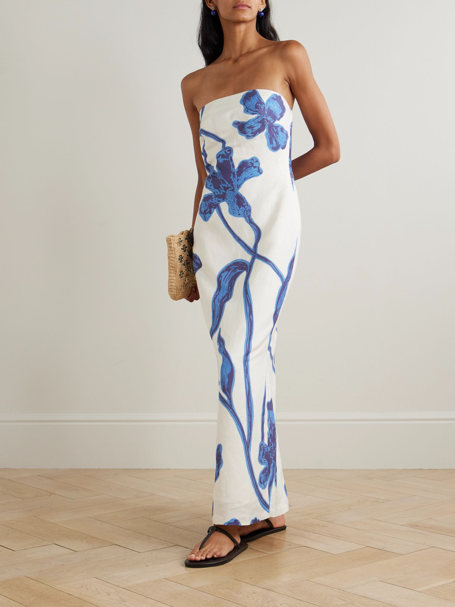 Nosso Amor strapless floral-print linen maxi dress Blue - 2