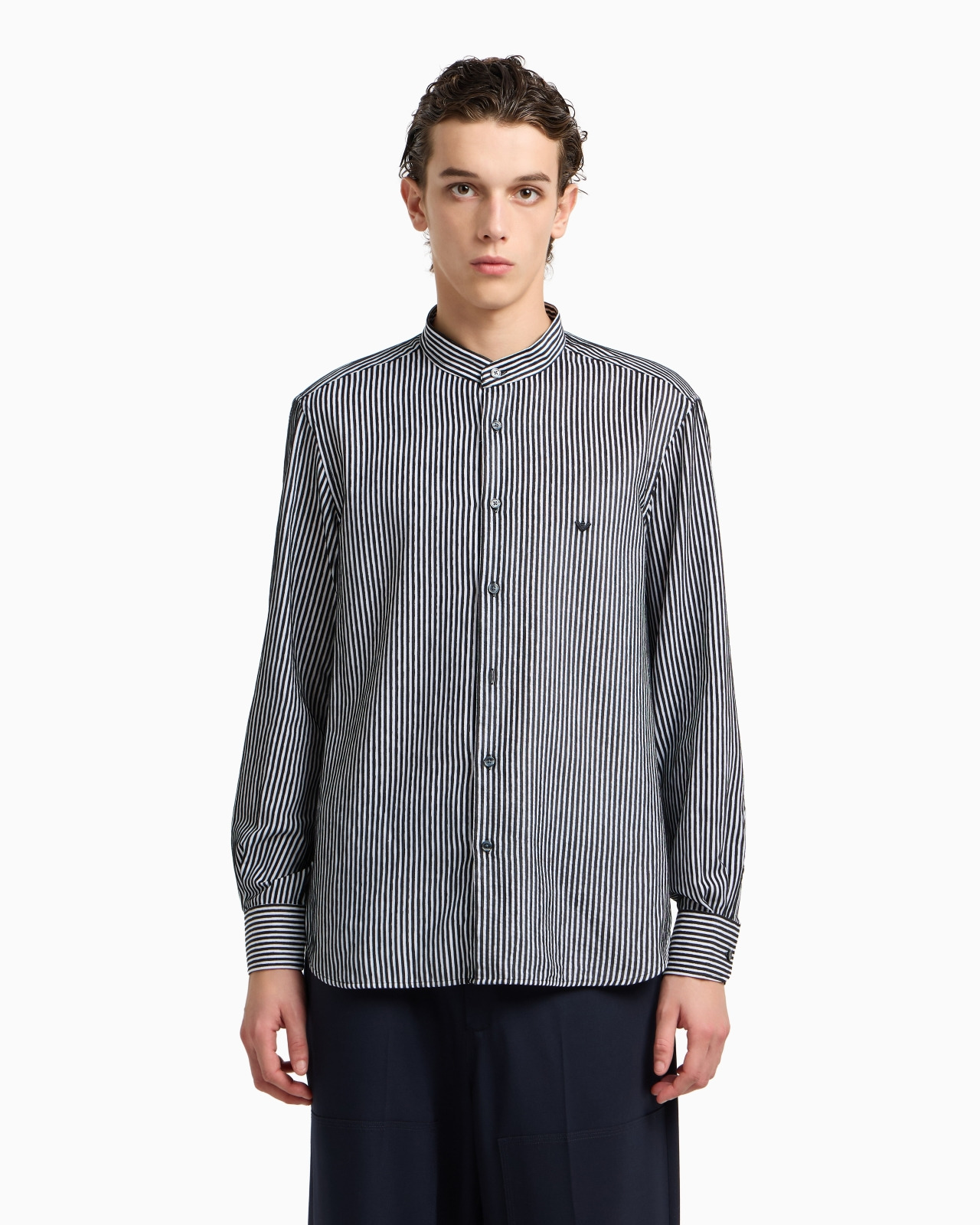 CHENILLE SHIRT WITH A GURU COLLAR WITH A STRIPED MOTIF - 4