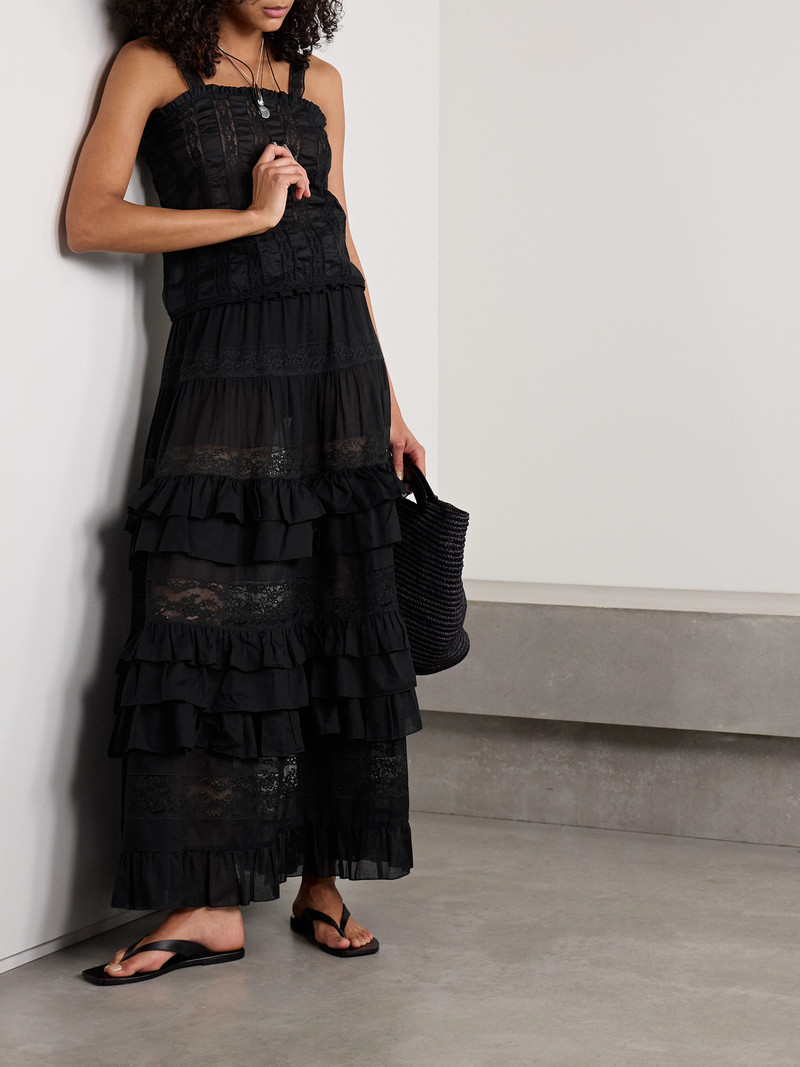 LORETTA CAPONI Tina Tiered Ruffled Lace-trimmed Cotton-voile Maxi Skirt outlook