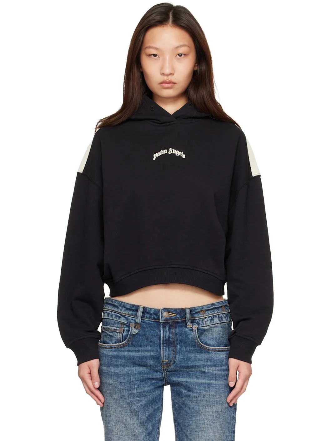Black Curved Logo Loose Crop Hoodie - 1