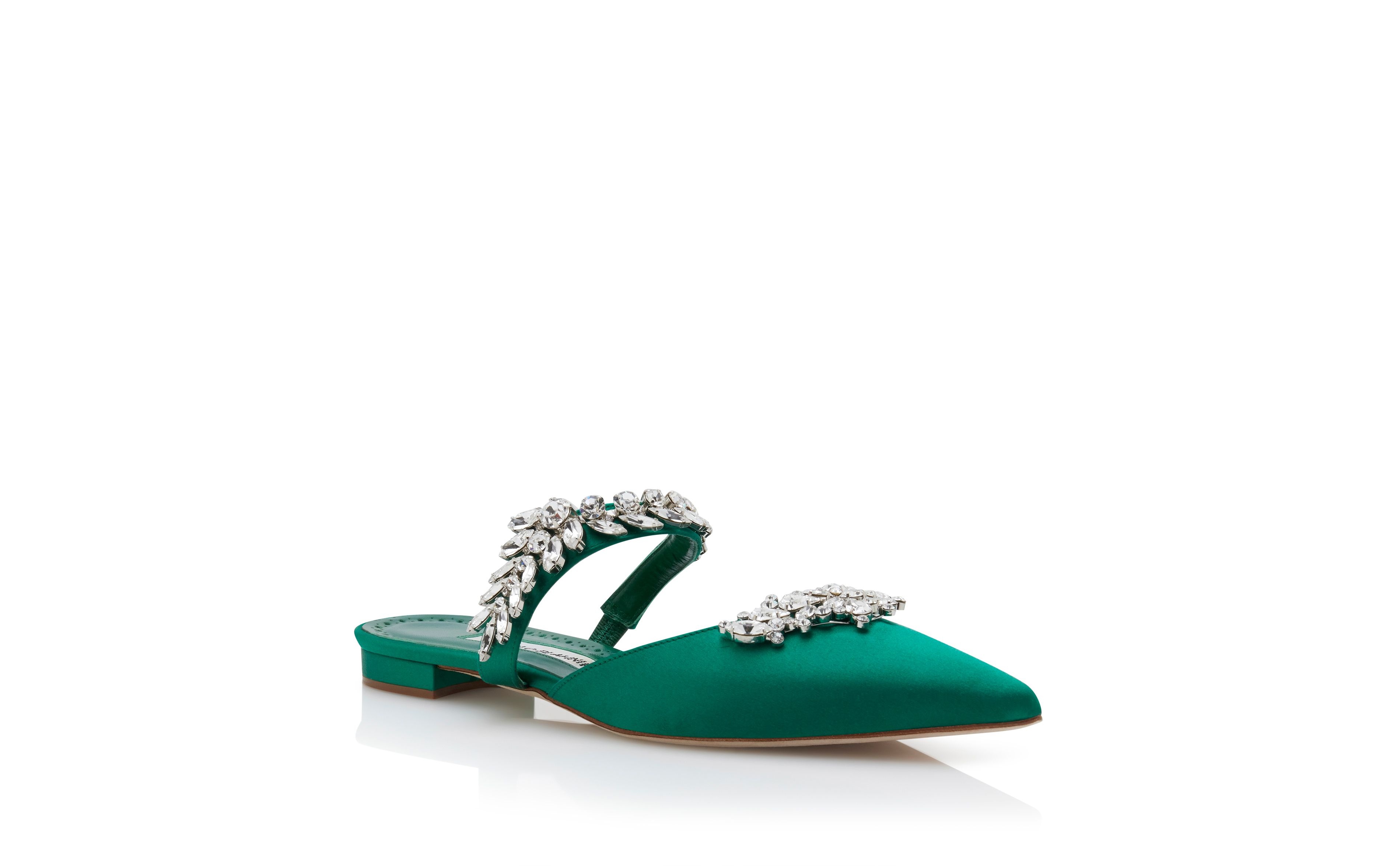 Green Satin Crystal Embellished Flat Mules - 3