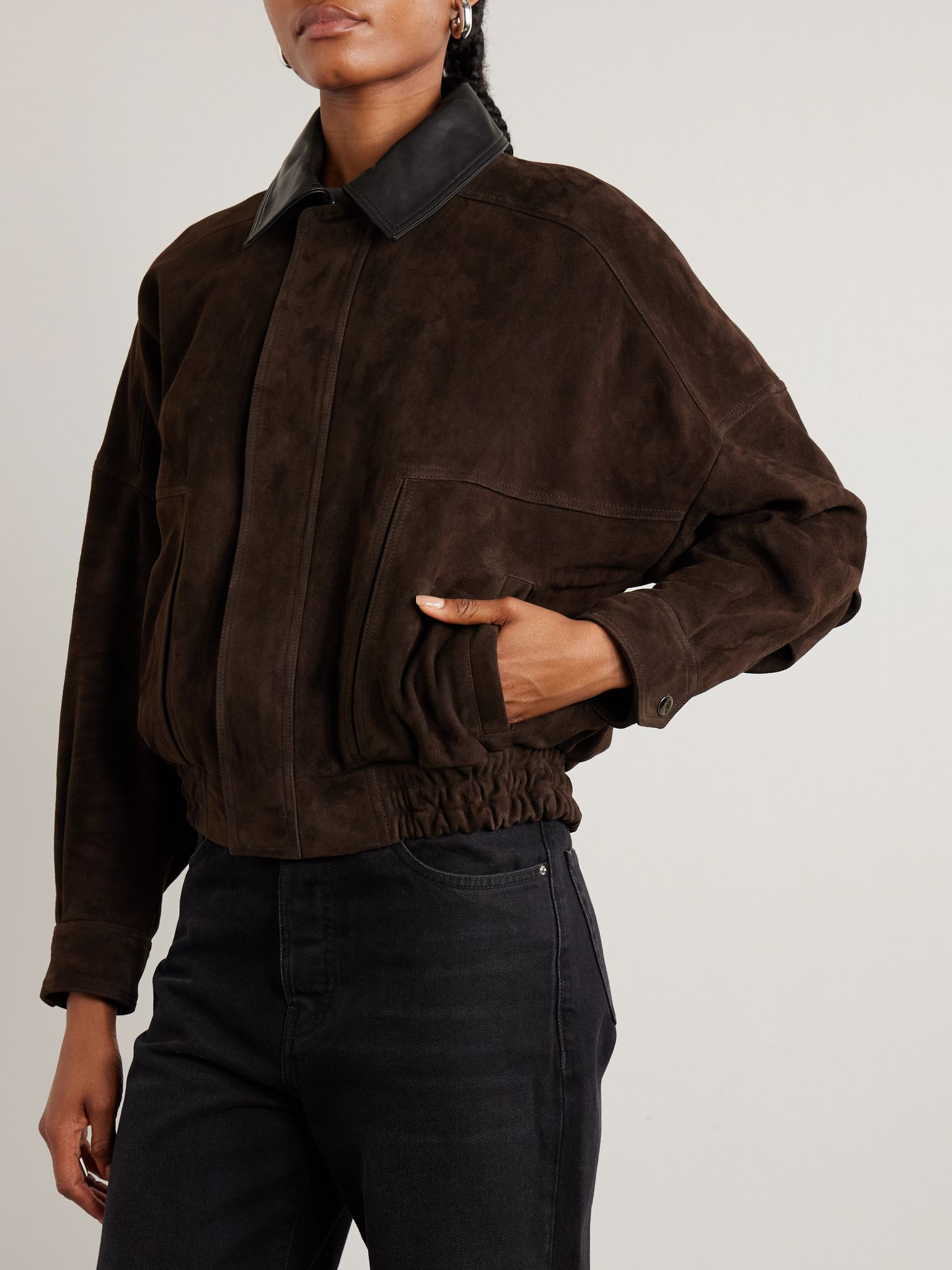 Dalma leather-trimmed suede bomber jacket Chocolate - 3