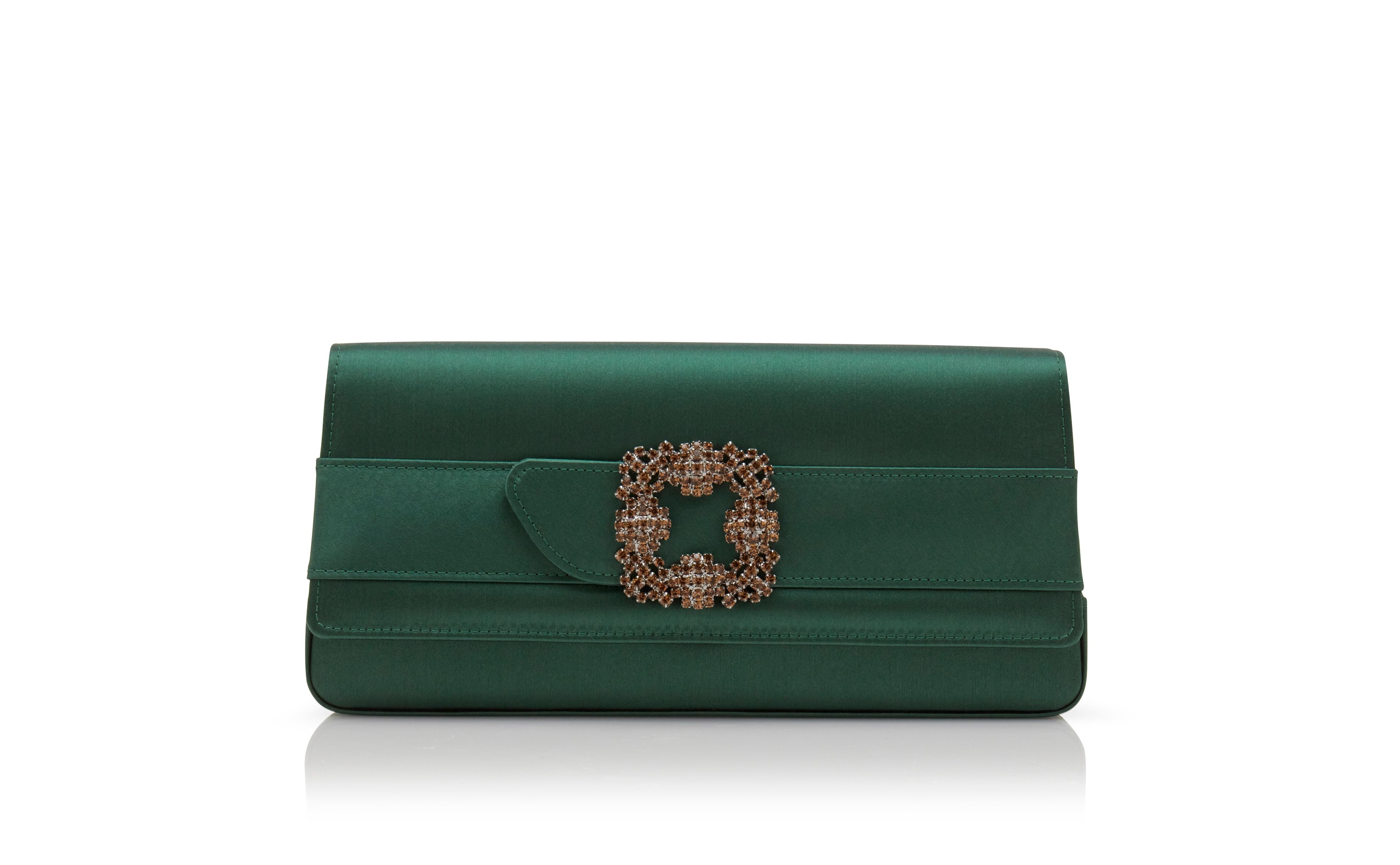 Dark Green Satin Jewel Buckle Clutch - 1