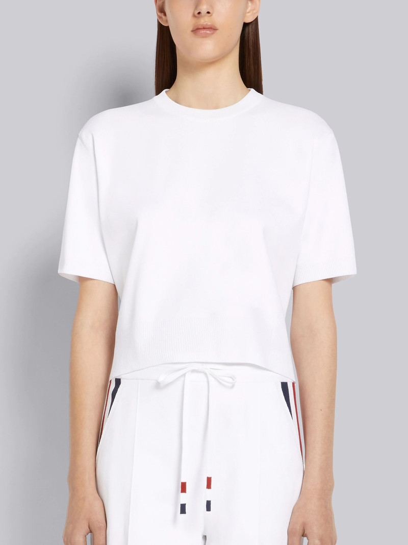 White Jersey Stitch Stretch Viscose Intarsia Stripe Boxy Fit Crew Neck Tee 1