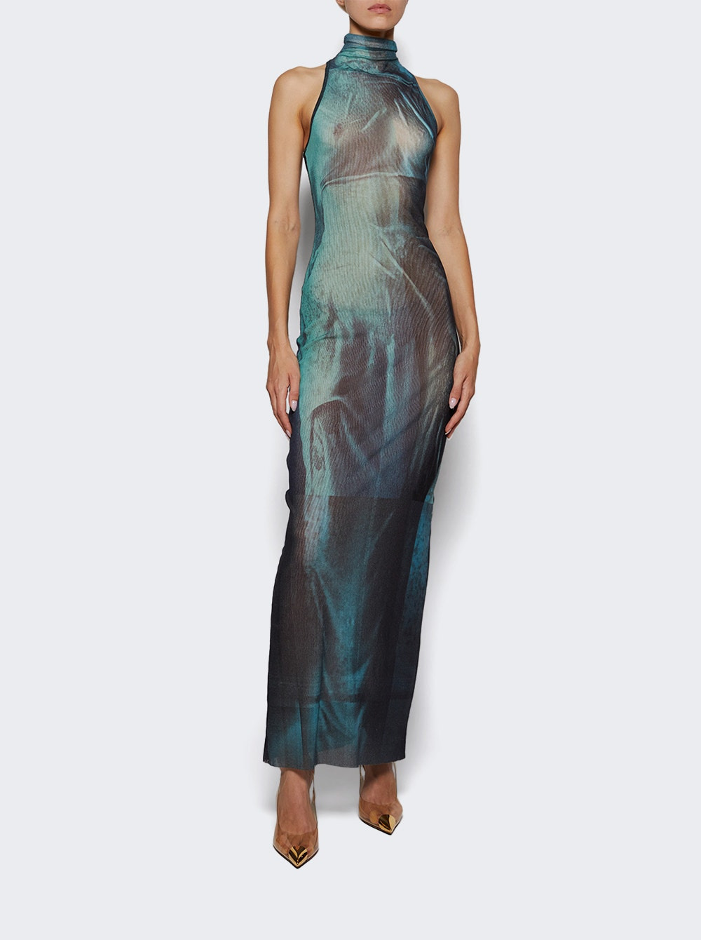 Mesh High Neck Long Dress Water Print - 2