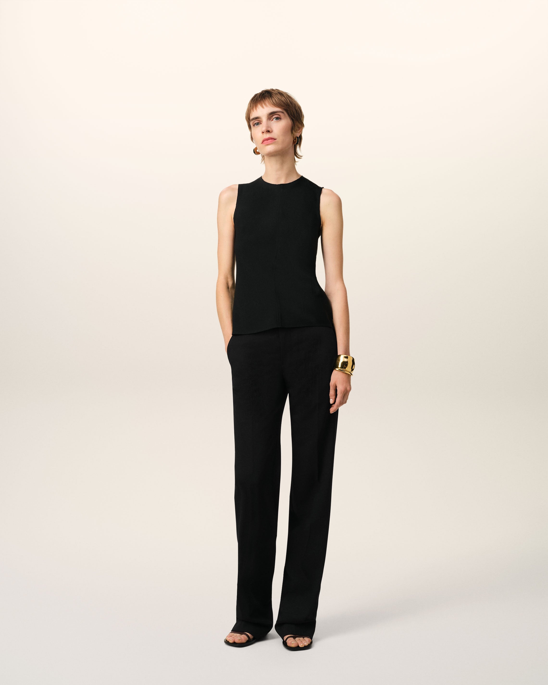 BLACK WOOL CONTRASTED STRAIGHT TROUSERS - 2