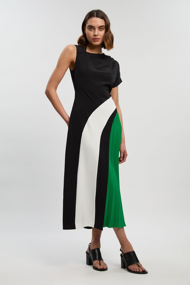 KAREN MILLEN Petite Soft Tailored Colour Block High Neck Pleated Midi Dress outlook