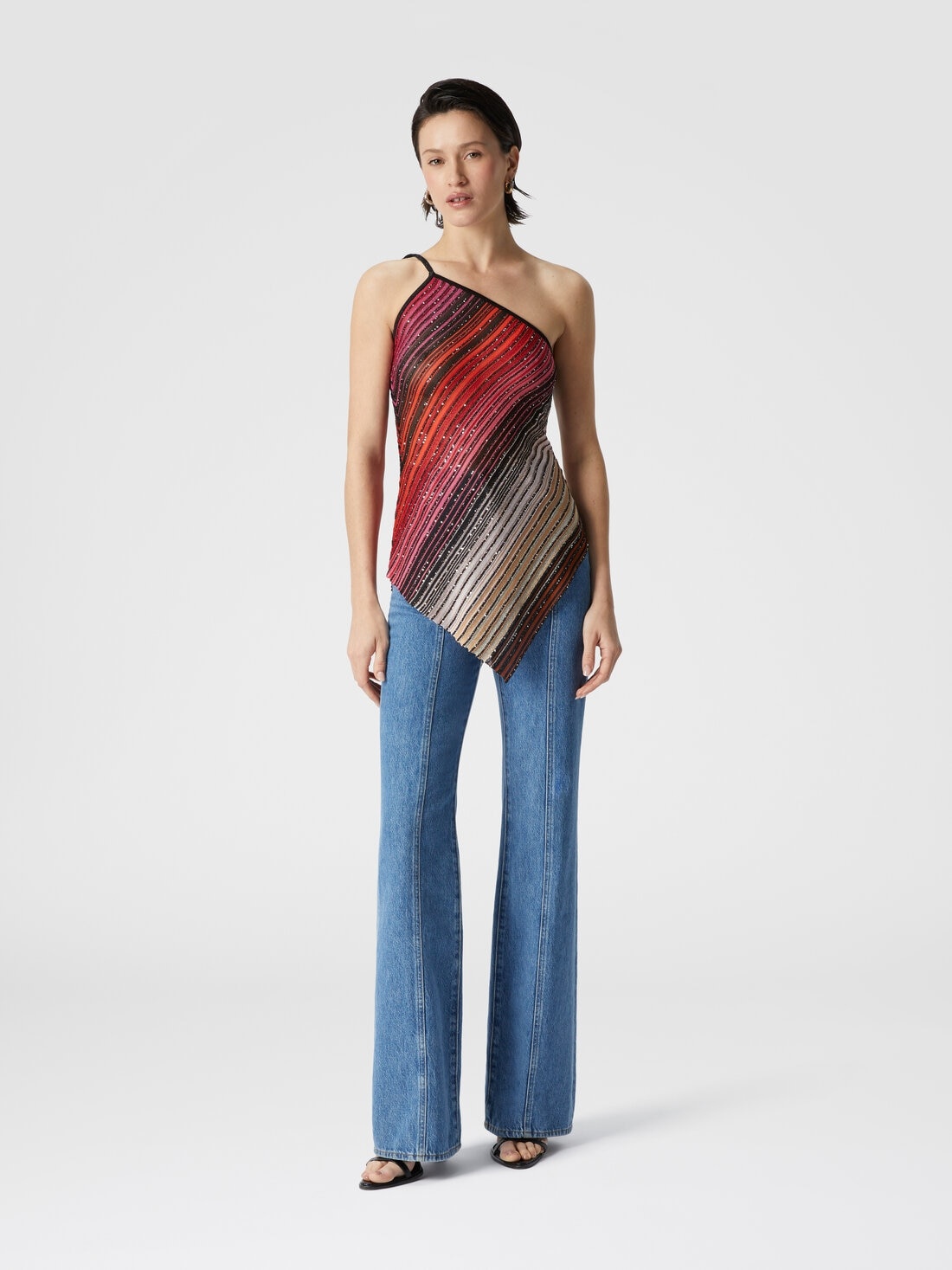 Asymmetrical one-shoulder partial striped top with sequins - 2