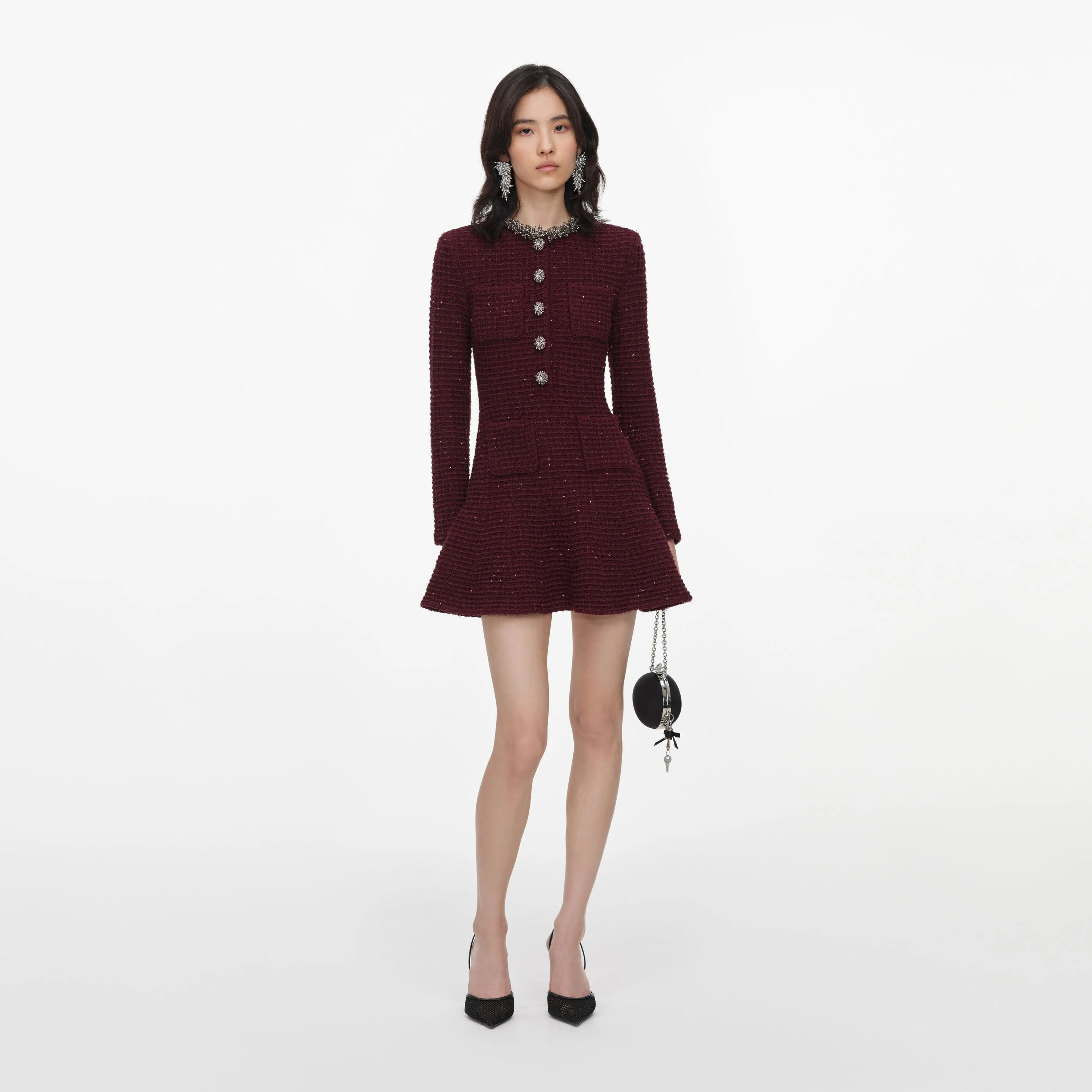 Burgundy Textured Knit Embellished Mini Dress - 1