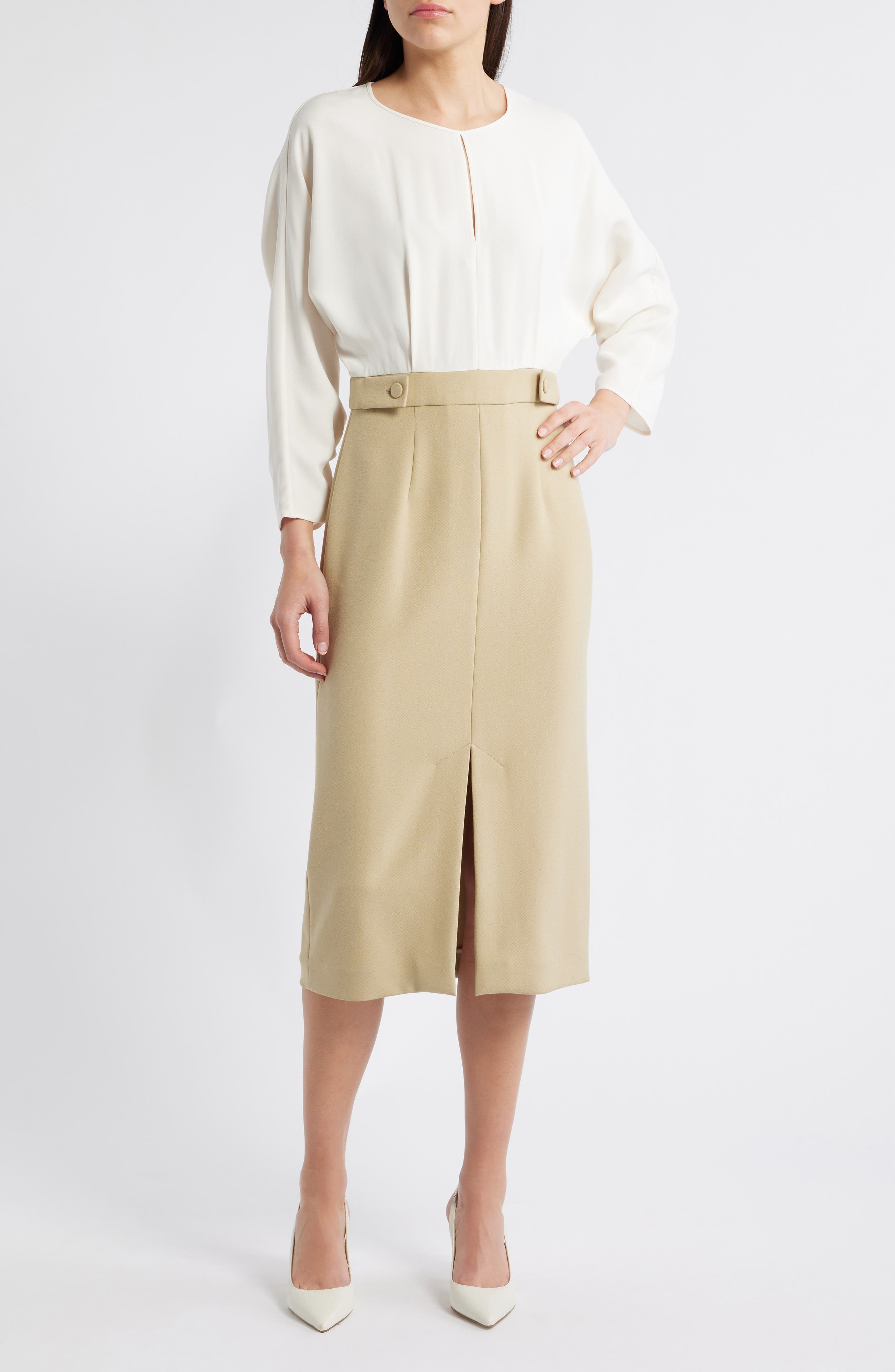 BOSS Ditela Mixed Media Dress in Light Beige Combo at Nordstrom - 1