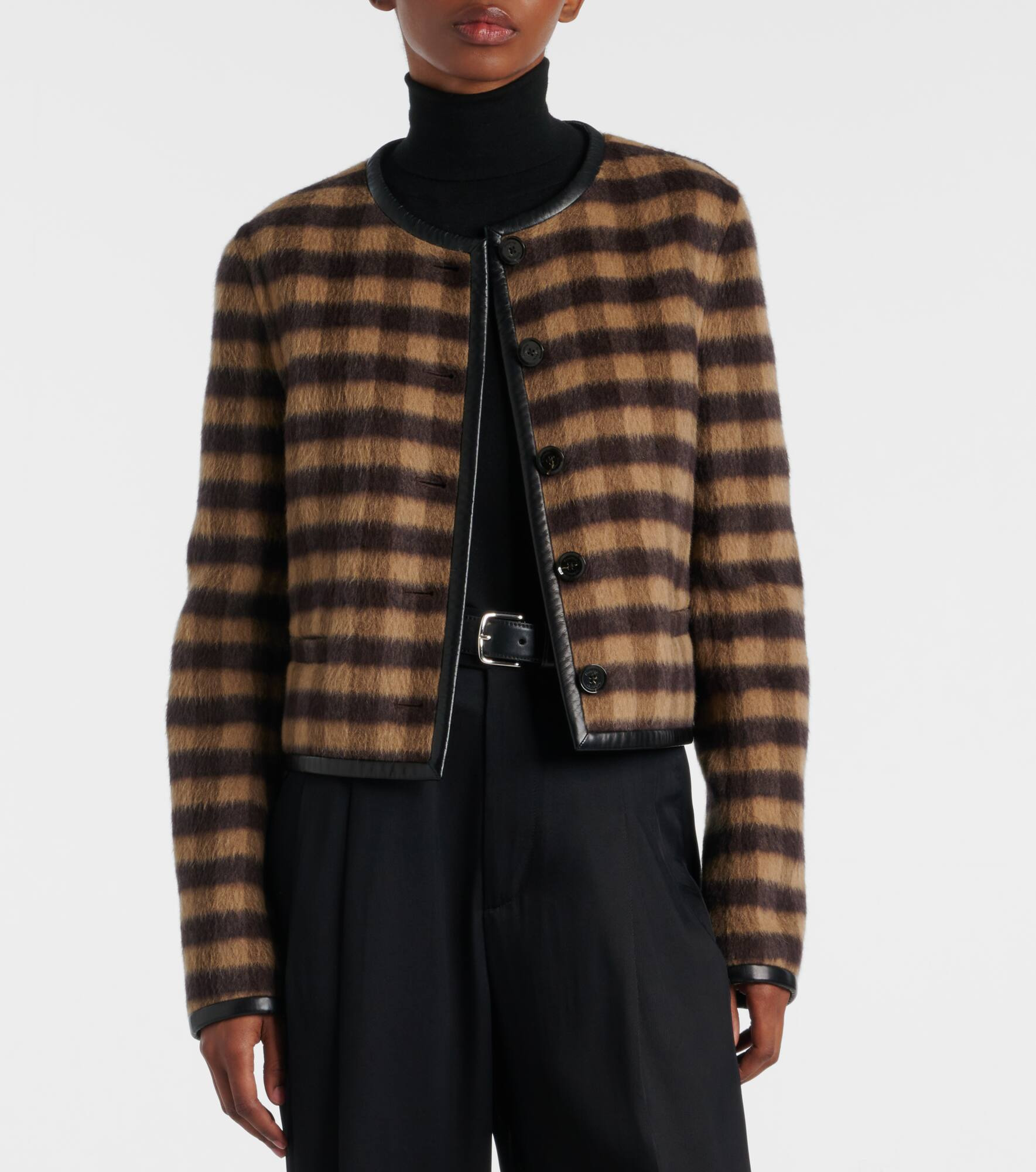 Checked leather-trimmed wool-blend jacket - 6