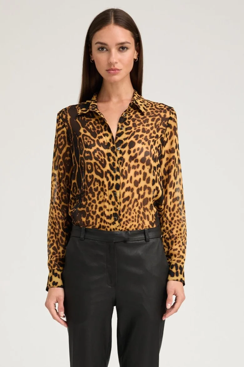 DARK LEOPARD SILK FITTED BUTTON DOWN - 1